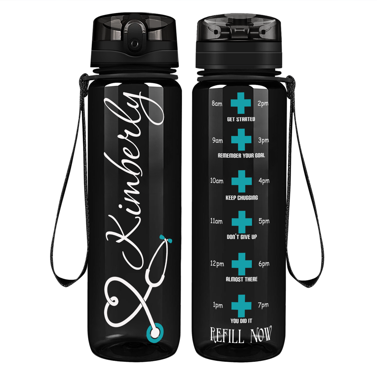 Personalized Nurse Heart Aqua Stethoscope on 32oz Motivational Tracking Water Bottle