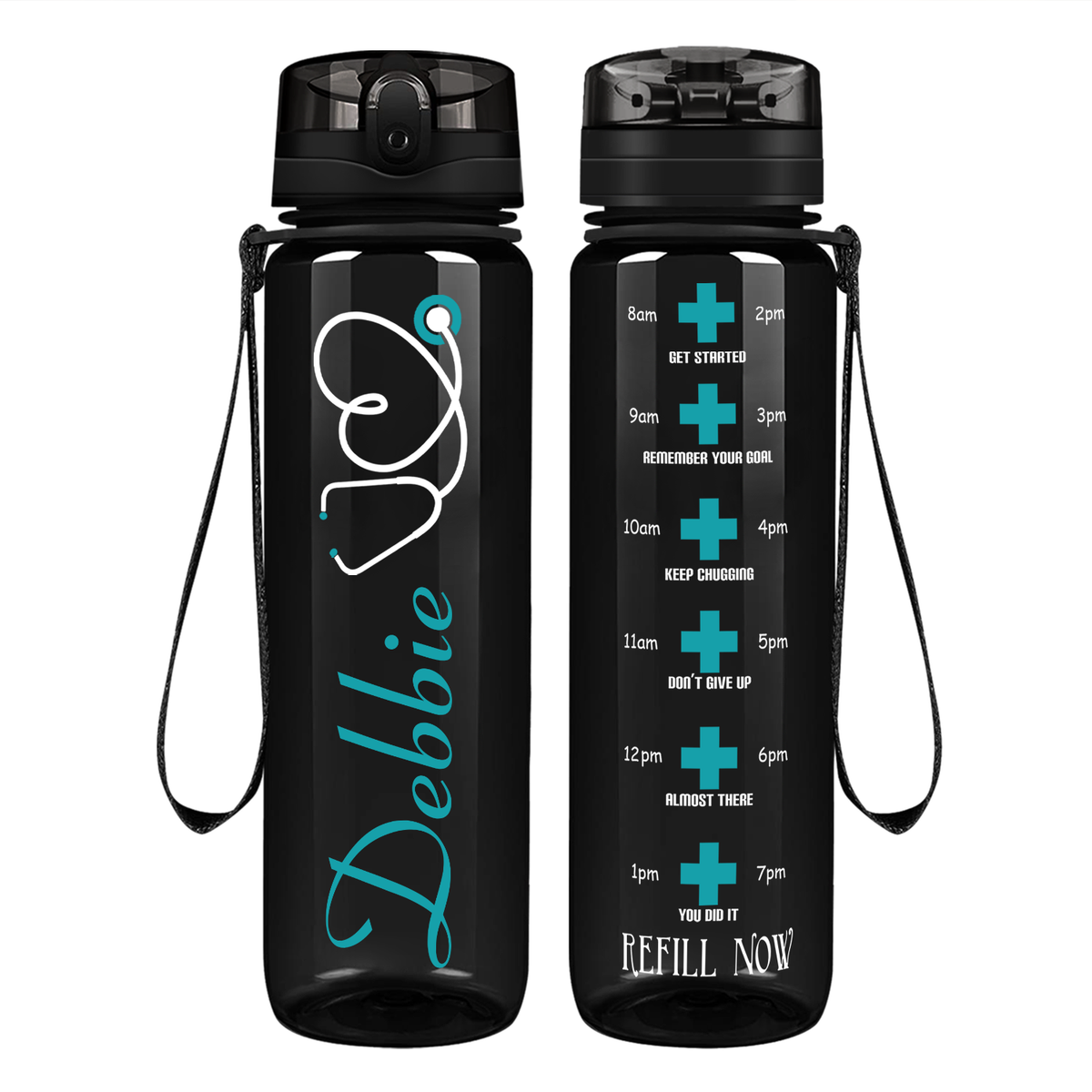 Personalized Nurse Name Aqua Stethoscope  on 32oz Motivational Tracking Water Bottle