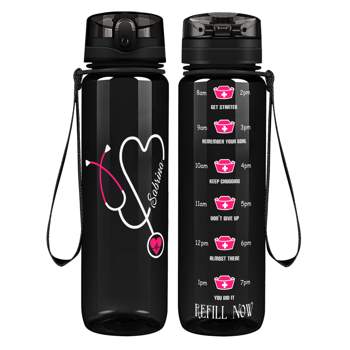 Personalized Nurse Pink Stethoscope Heart on 32oz Motivational Water Bottle