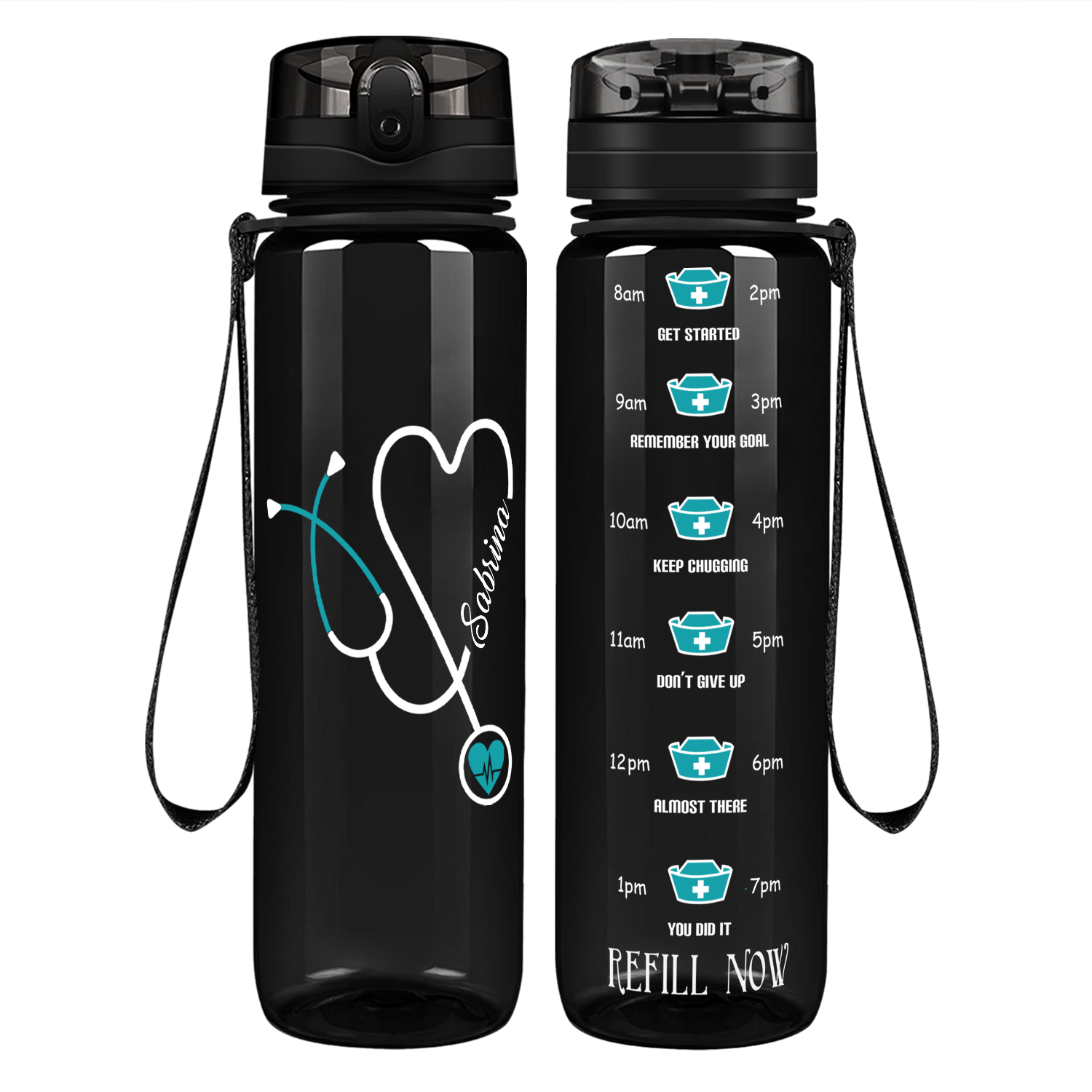Personalized Nurse Water Bottle Green Stethoscope Heart Motivational Tracking Water Bottle
