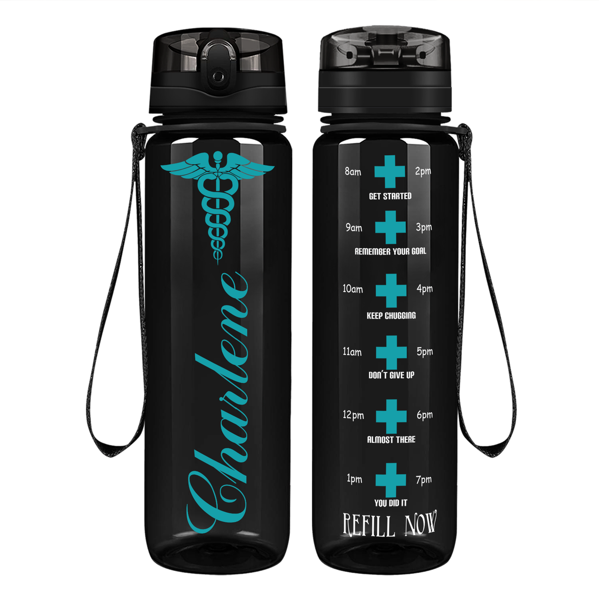 Personalized Nurse Caduceus on 32oz Motivational Tracking Water Bottle