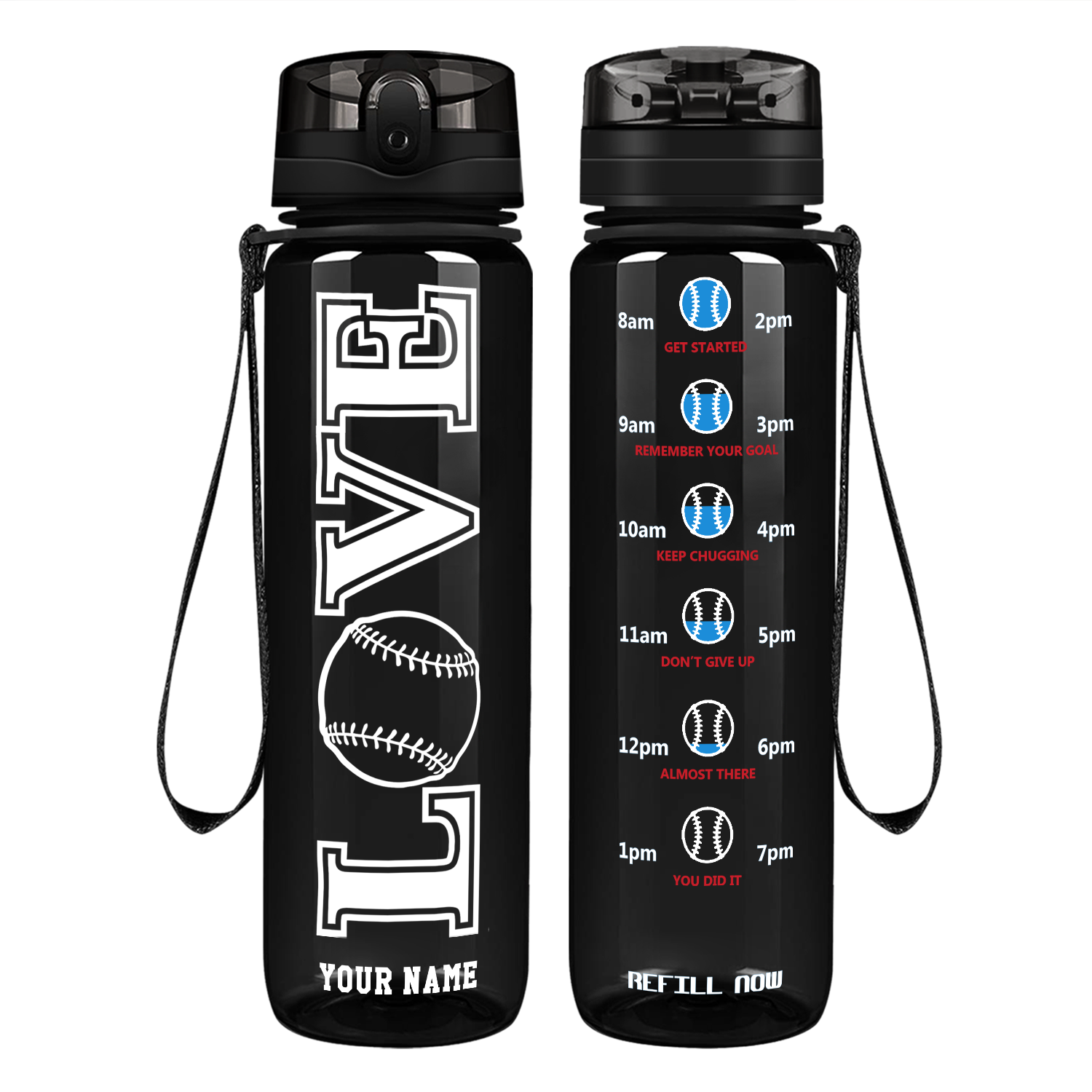 Personalized LOVE Baseball on 32 oz Motivational Tracking Water Bottle