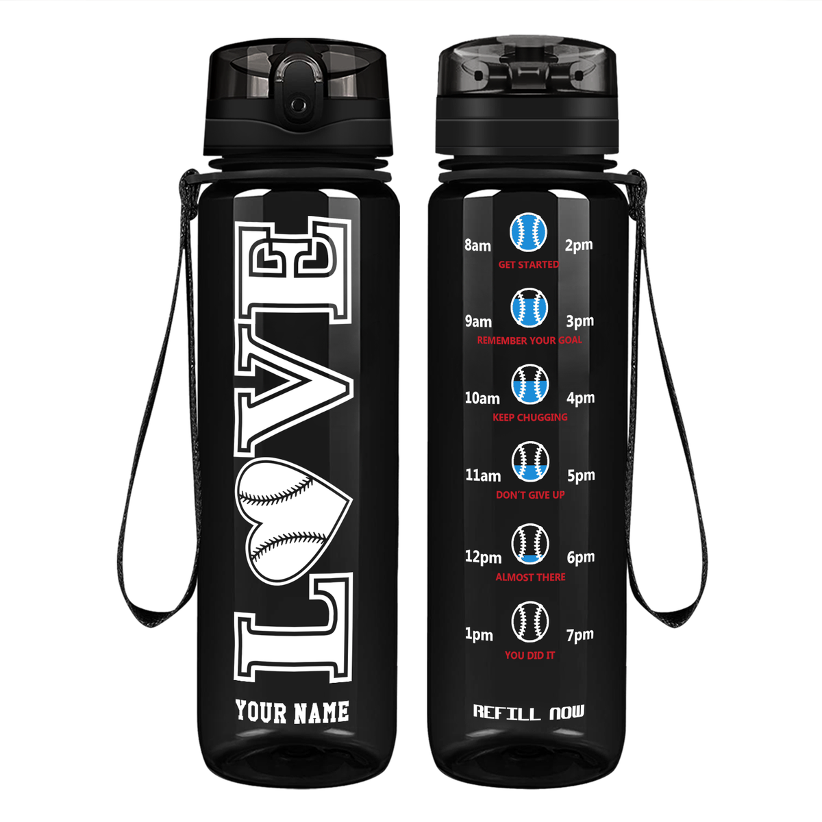Personalized LOVE Baseball Heart on 32 oz Motivational Tracking Water Bottle
