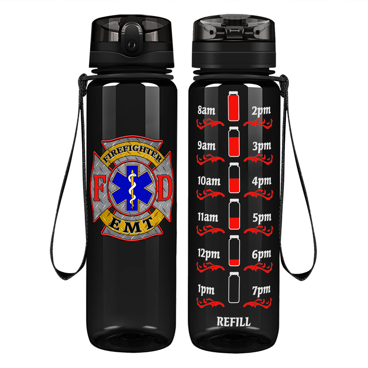 EMT Firefighter FD Badge on 32 oz Motivational Tracking Water Bottle