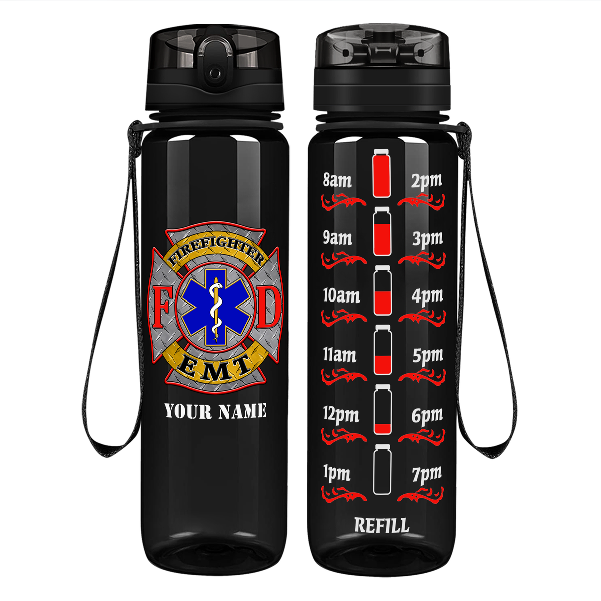 Personalized EMT Firefighter FD Badge on 32 oz Motivational Tracking Water Bottle