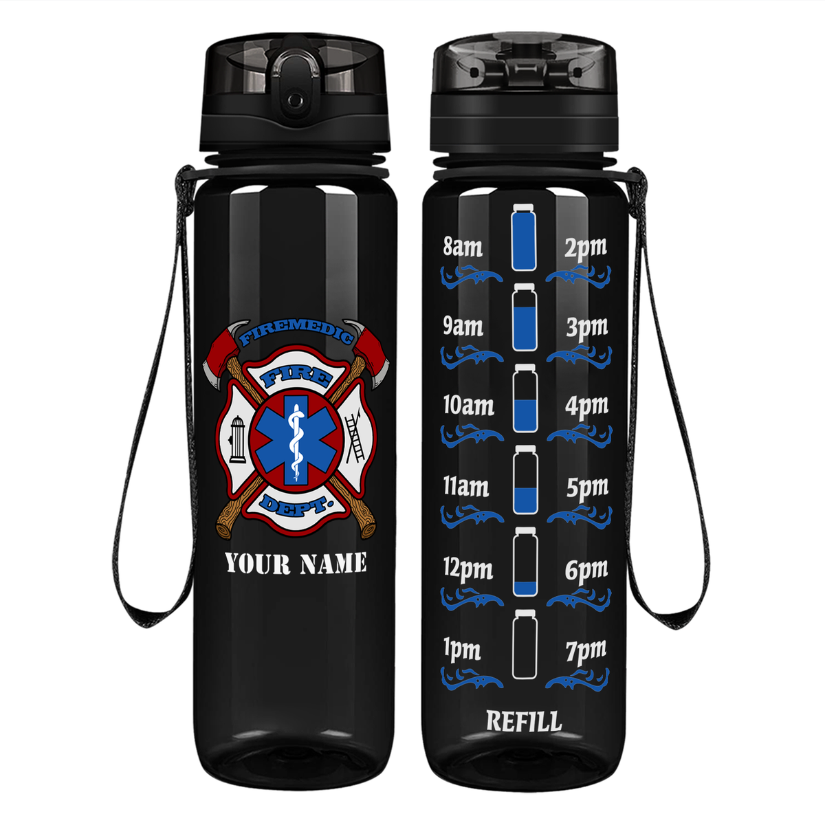 Personalized Firemedic Fire Department Badge on 32 oz Motivational Tracking Water Bottle