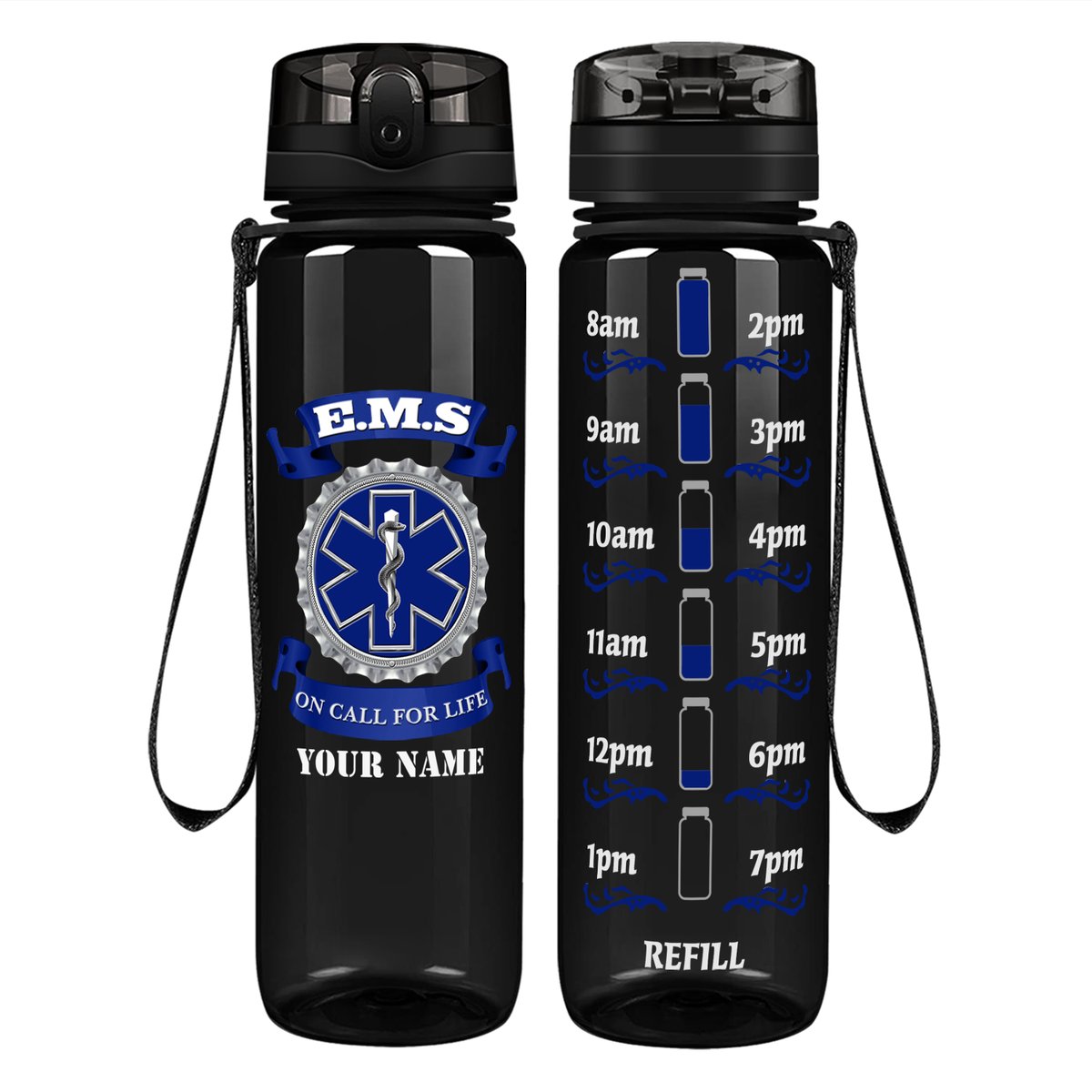 Personalized EMS Blue on Call for LIFE on 32 oz Motivational Tracking Water Bottle