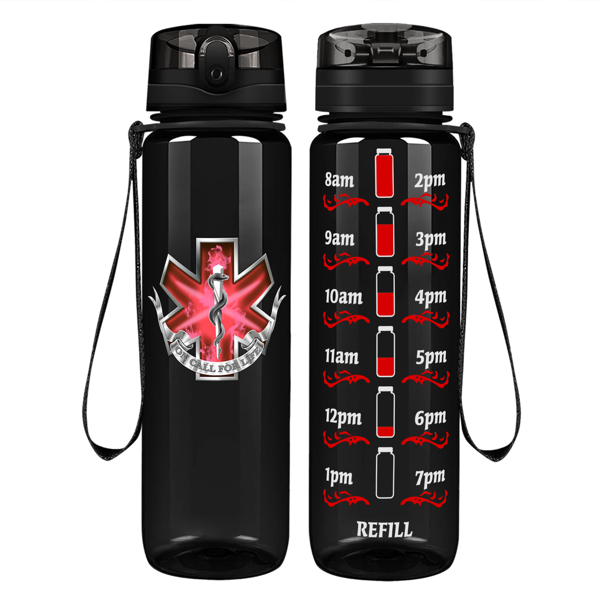 EMT EMS On Call for Life Red Badge on 32 oz Motivational Tracking Water Bottle