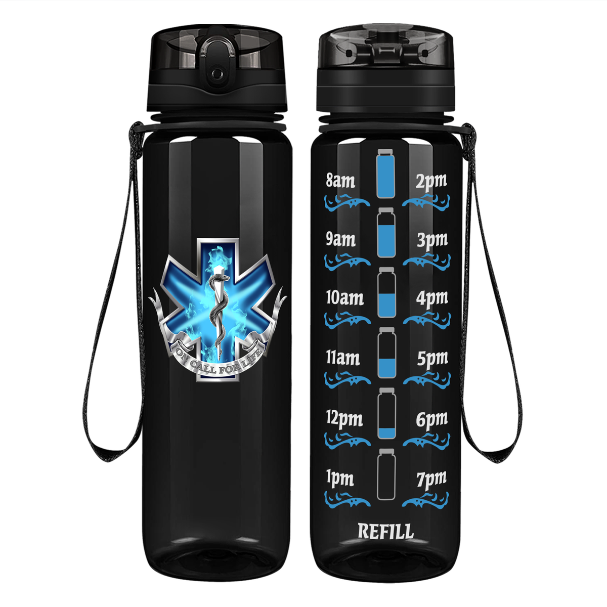 EMT EMS On Call for Life Blue Badge on 32 oz Motivational Tracking Water Bottle