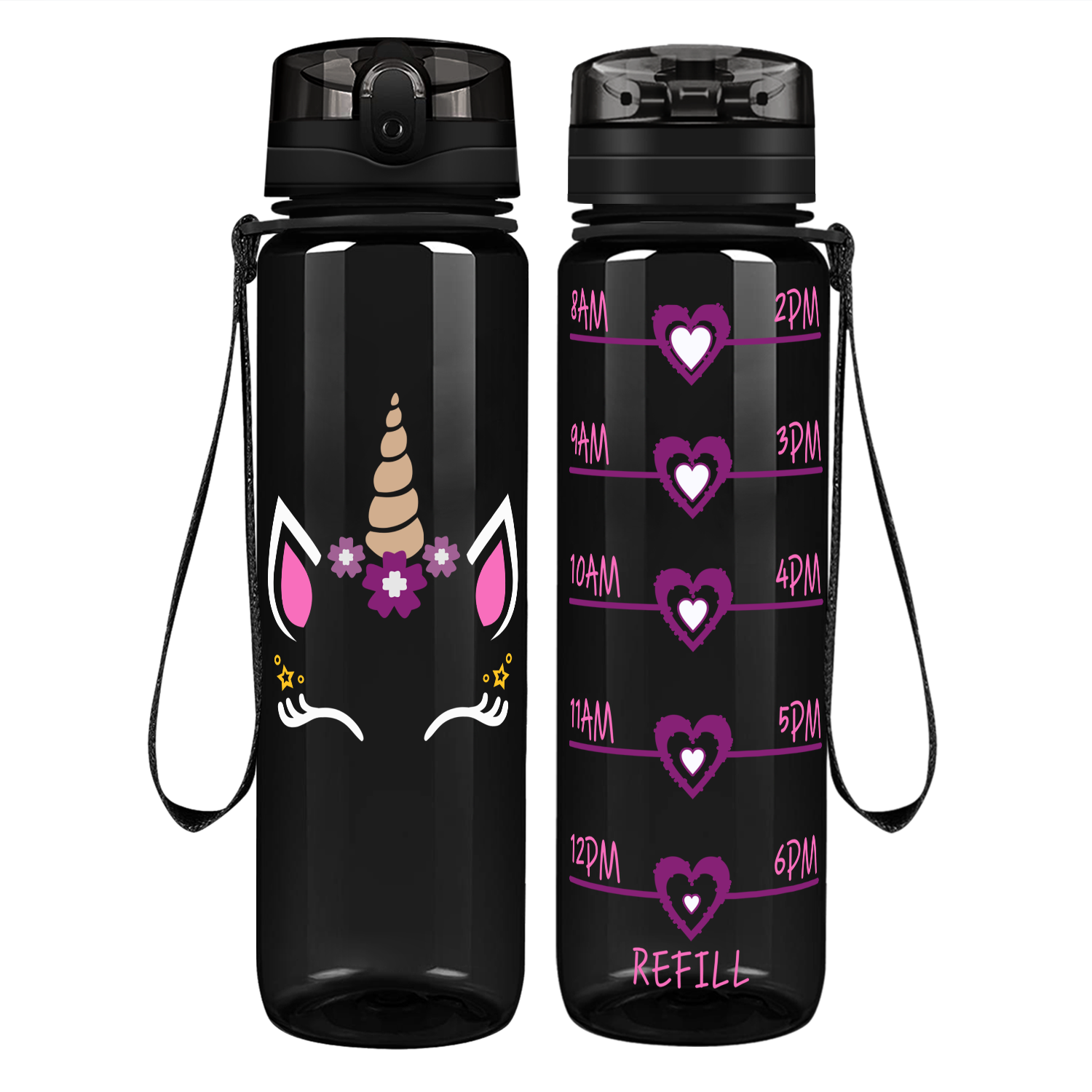 Unicorn Purple Face on 32 oz Motivational Tracking Water Bottle