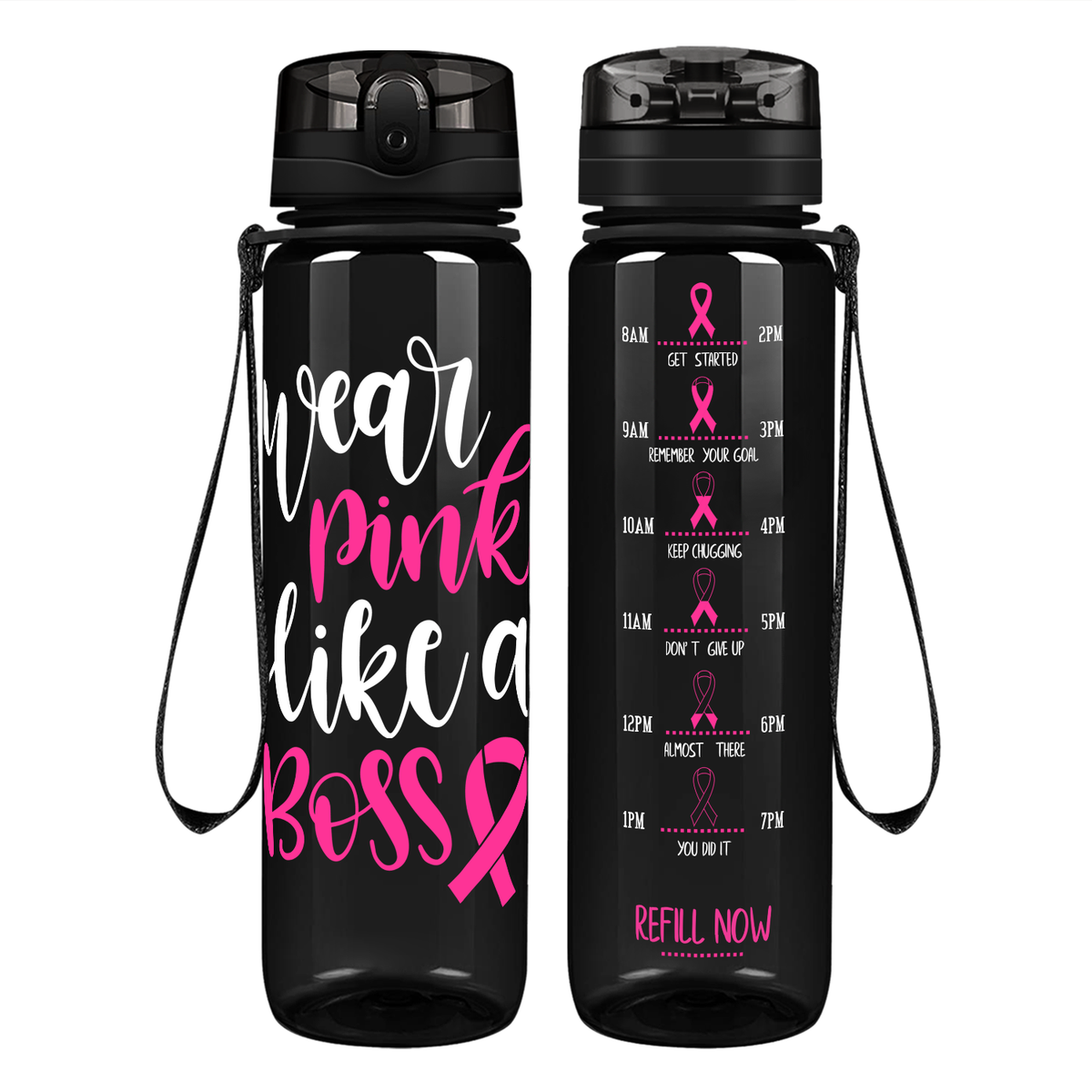 Wear Pink Like a Boss on 32 oz Motivational Tracking Breast Cancer Awareness Water Bottle