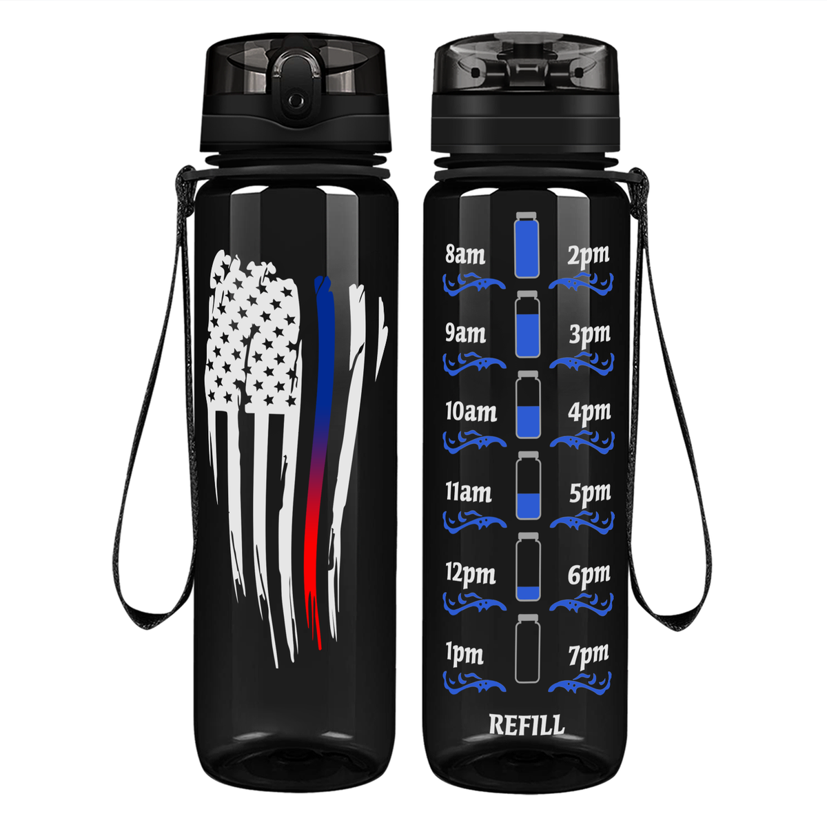 Wavy Blue Red Thin Line Flag on 32 oz Motivational Tracking Water Bottle