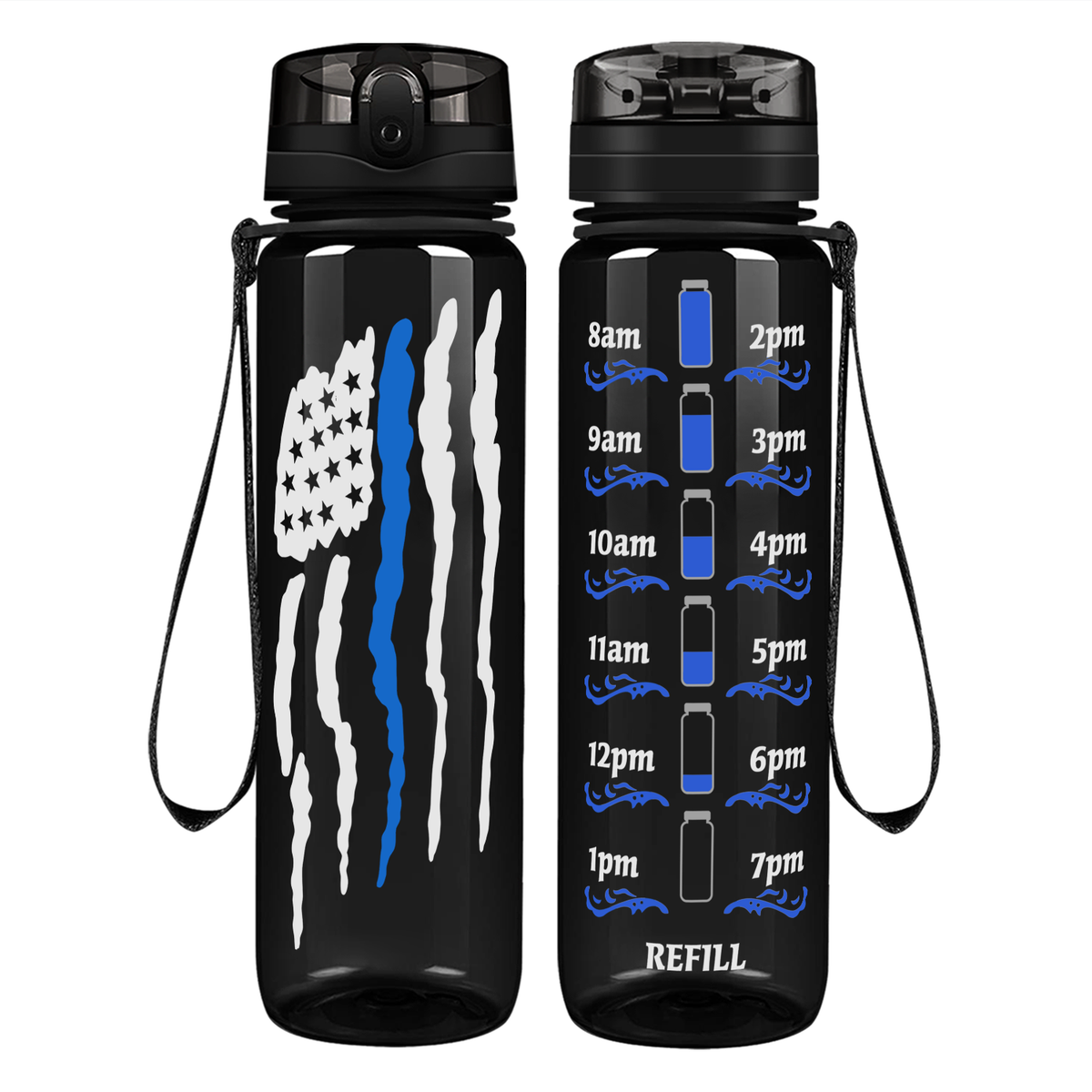 Thin Blue Line Police Flag on 32 oz Motivational Tracking Water Bottle