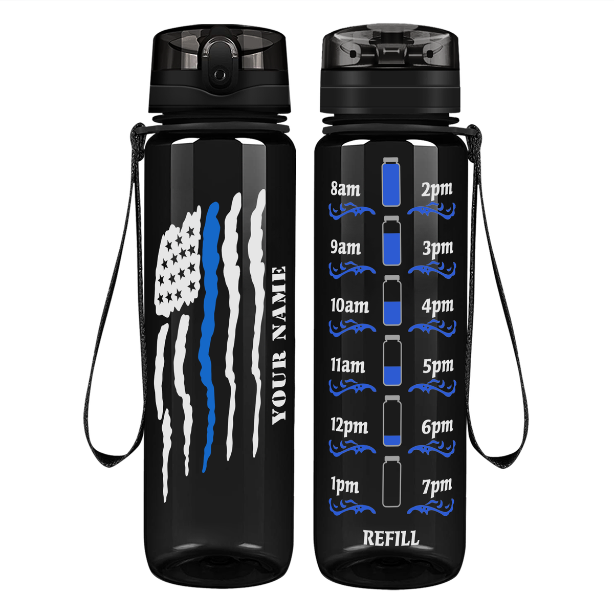 Personalized Thin Blue Line Police Flag on 32 oz Motivational Tracking Water Bottle