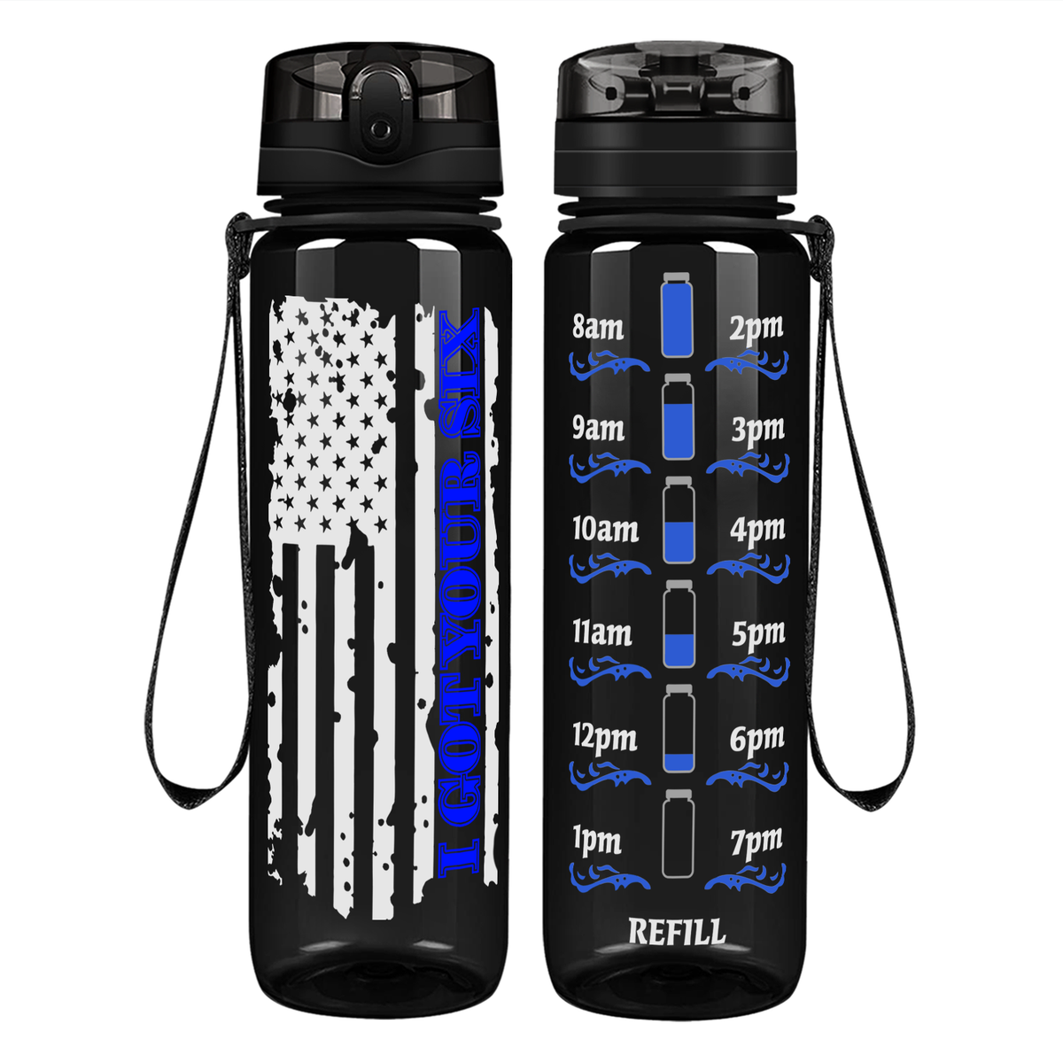 I Got Your Six Distressed Thin Blue Line Flag on 32 oz Motivational Tracking Water Bottle