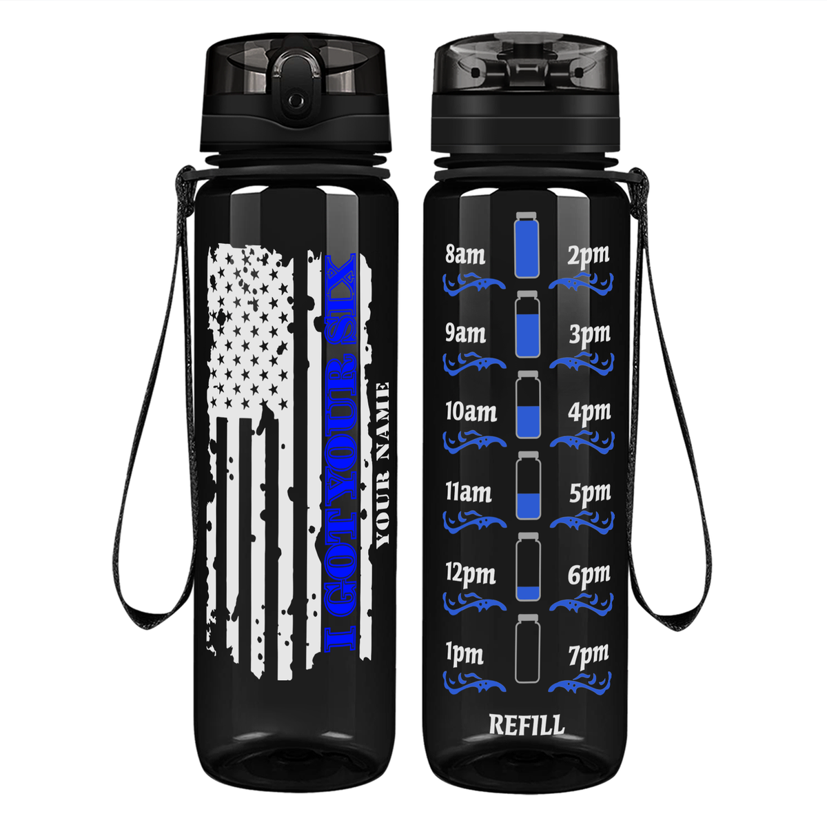 Personalized I Got Your Six Distressed Thin Blue Line Flag on 32 oz Motivational Tracking Water Bottle