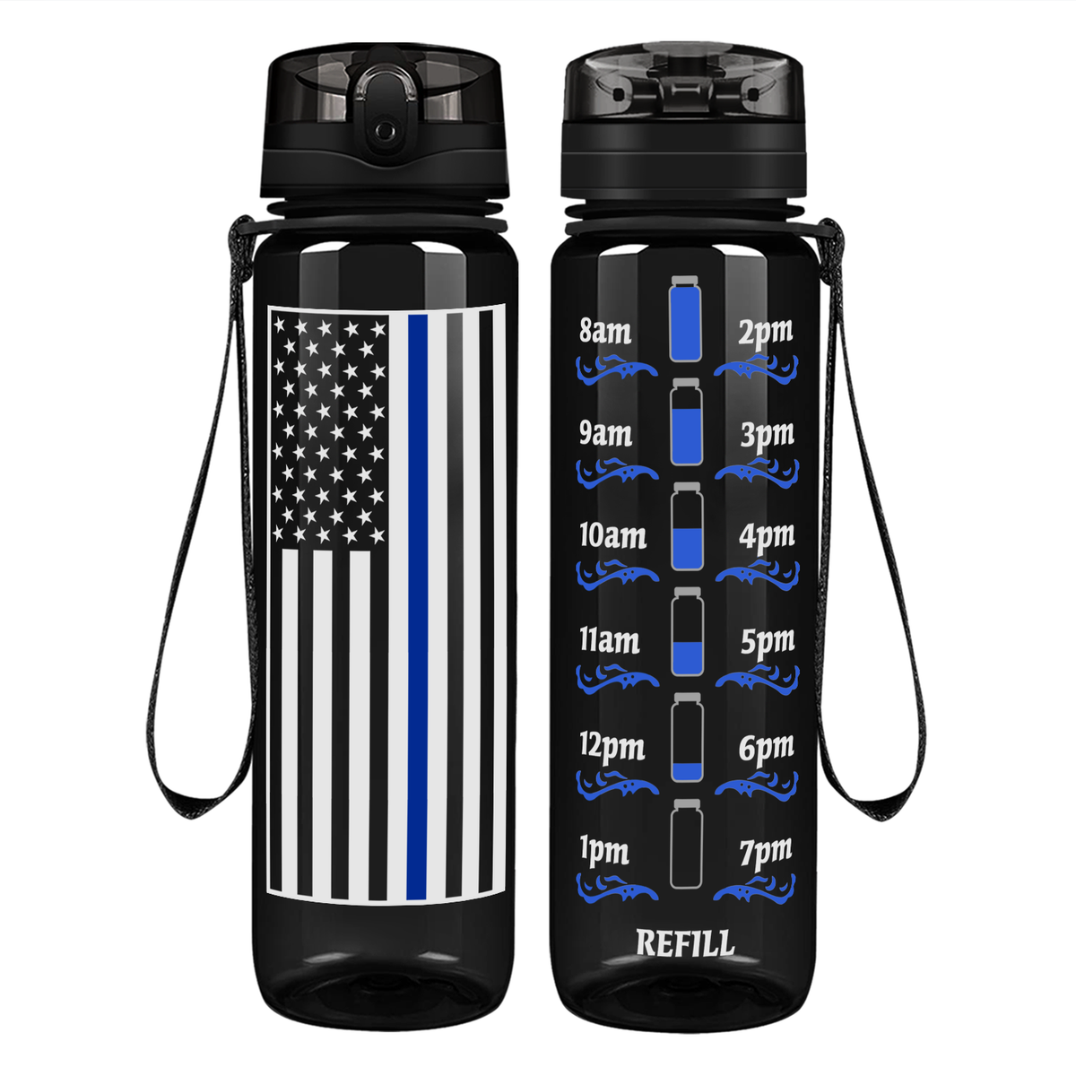 Thin Blue Line Flag on 32 oz Motivational Tracking Water Bottle