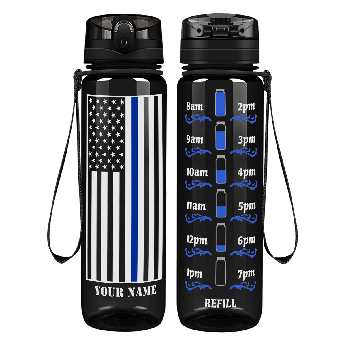 Personalized Thin Blue Line Flag on 32 oz Motivational Tracking Water Bottle