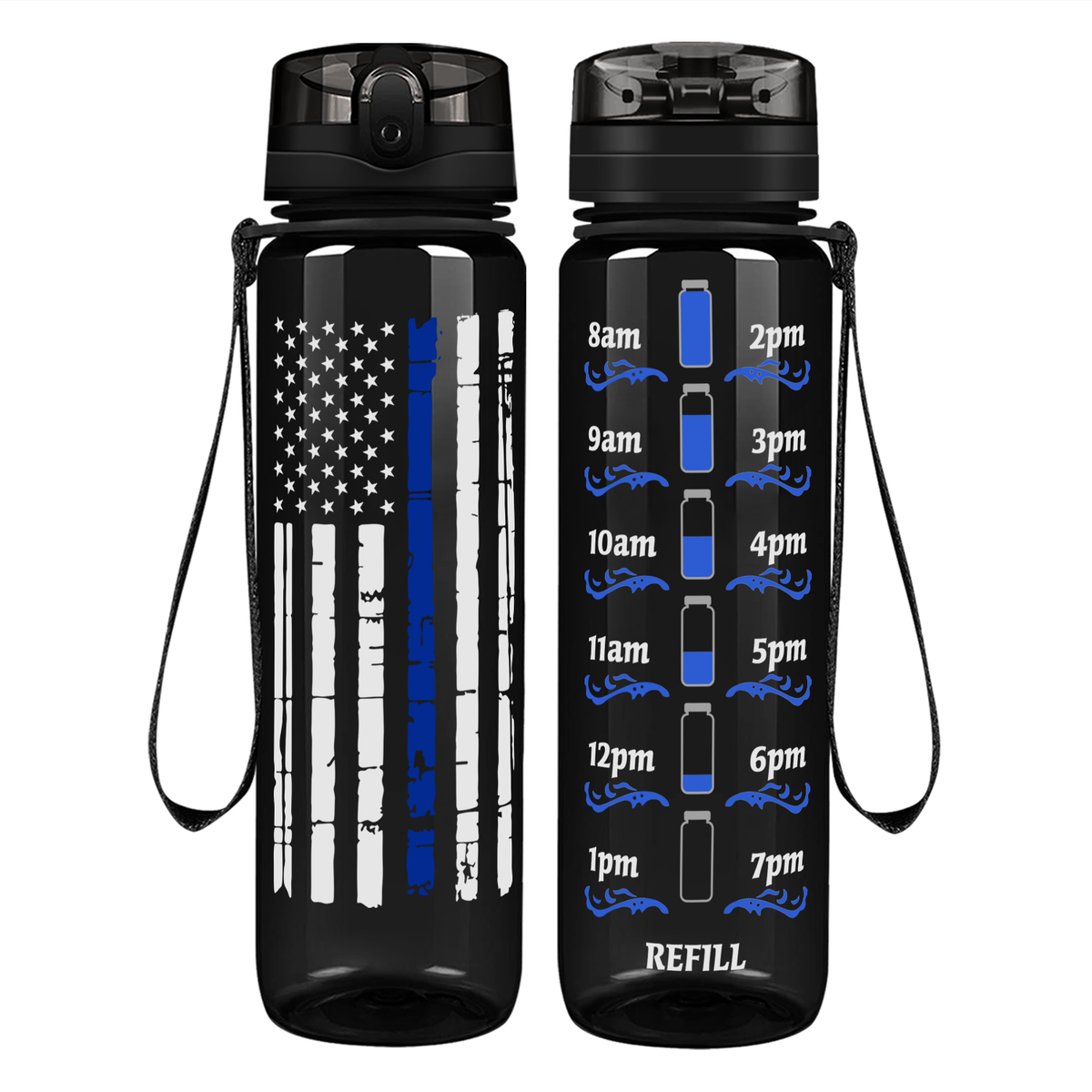 Distressed Thin Blue Line Flag on 32 oz Motivational Tracking Water Bottle