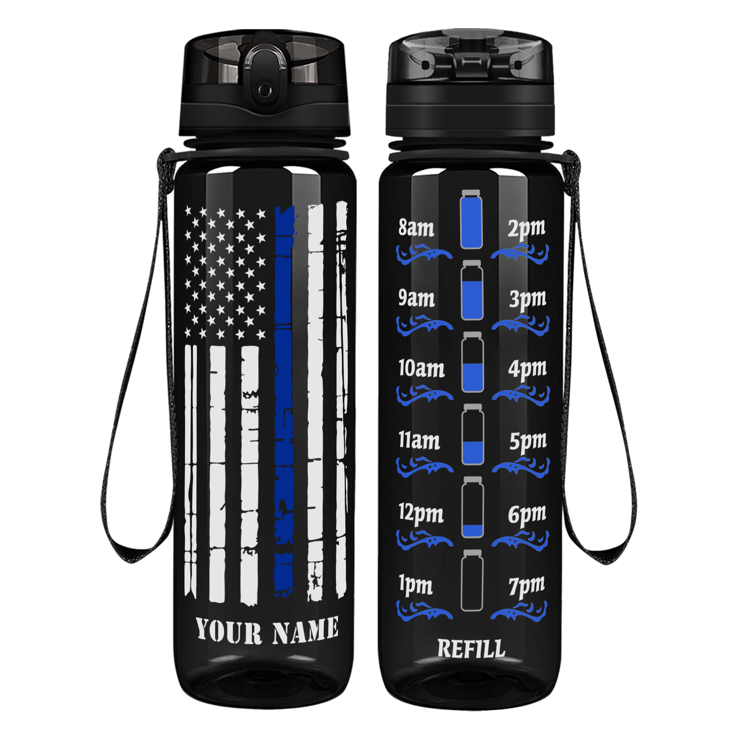 Personalized Distressed Thin Blue Line Flag Motivational Tracking Water Bottle