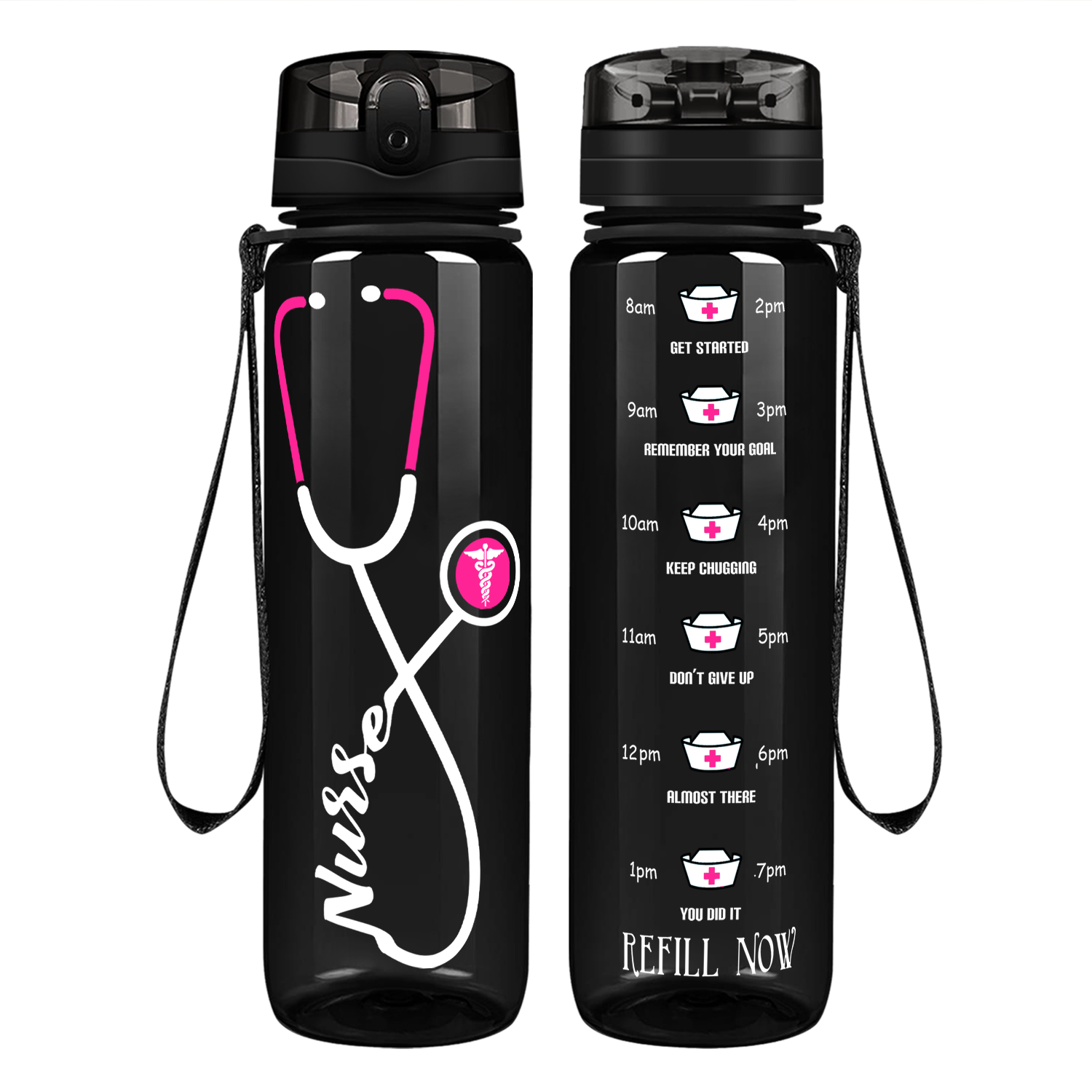 Personalized Nurse Pink Stethoscope on 32oz Motivational Tracking Water Bottle