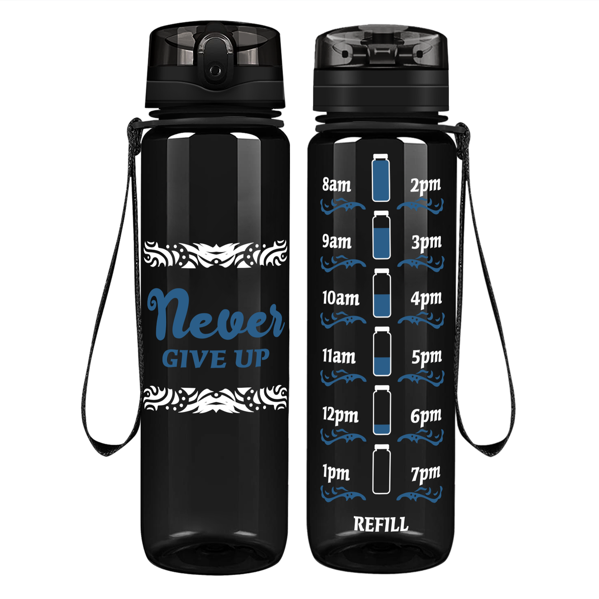Never Give Up Tribal on 32 oz Motivational Tracking Water Bottle
