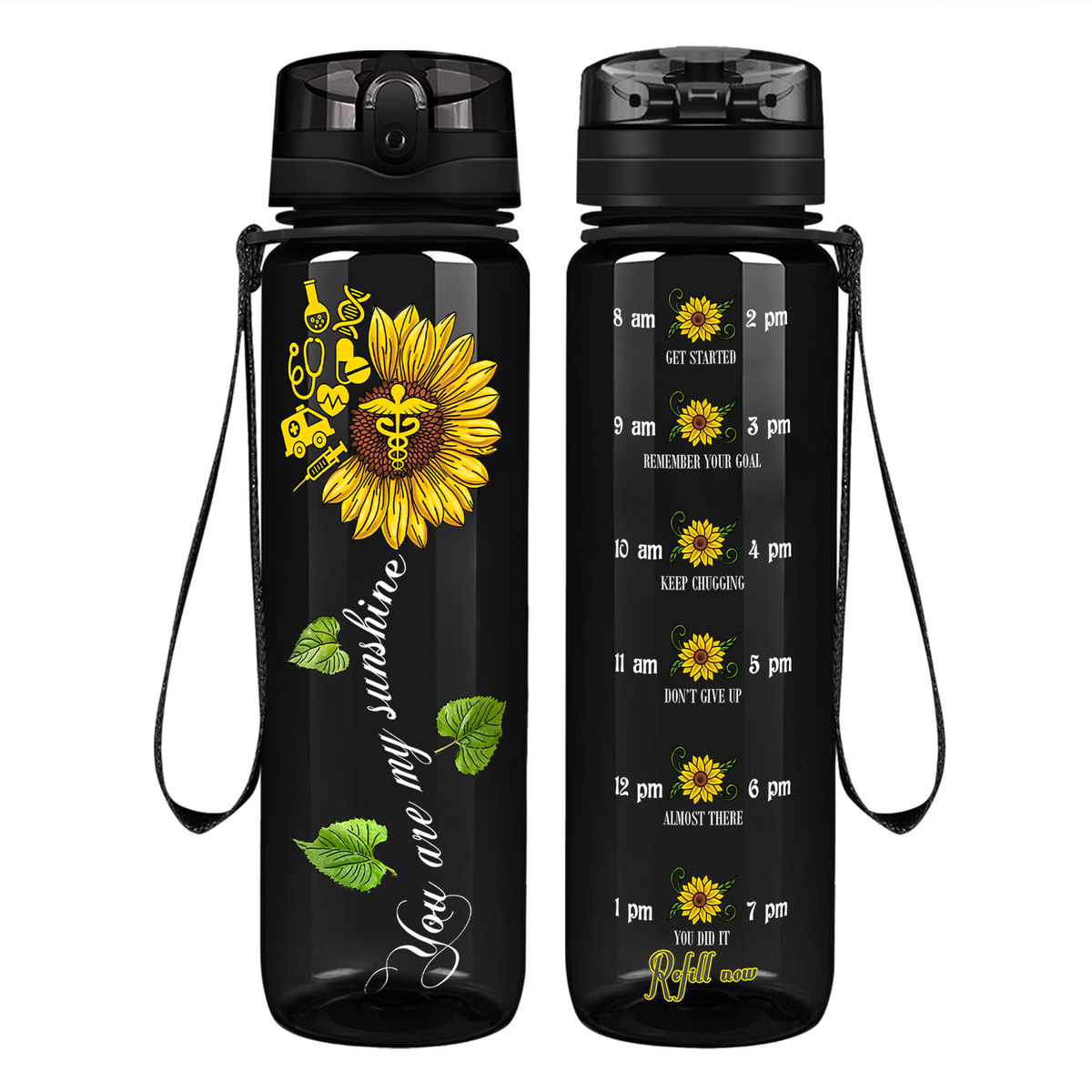 Nurse My Sunshine Sunflower on 32oz Motivational Tracking Water Bottle