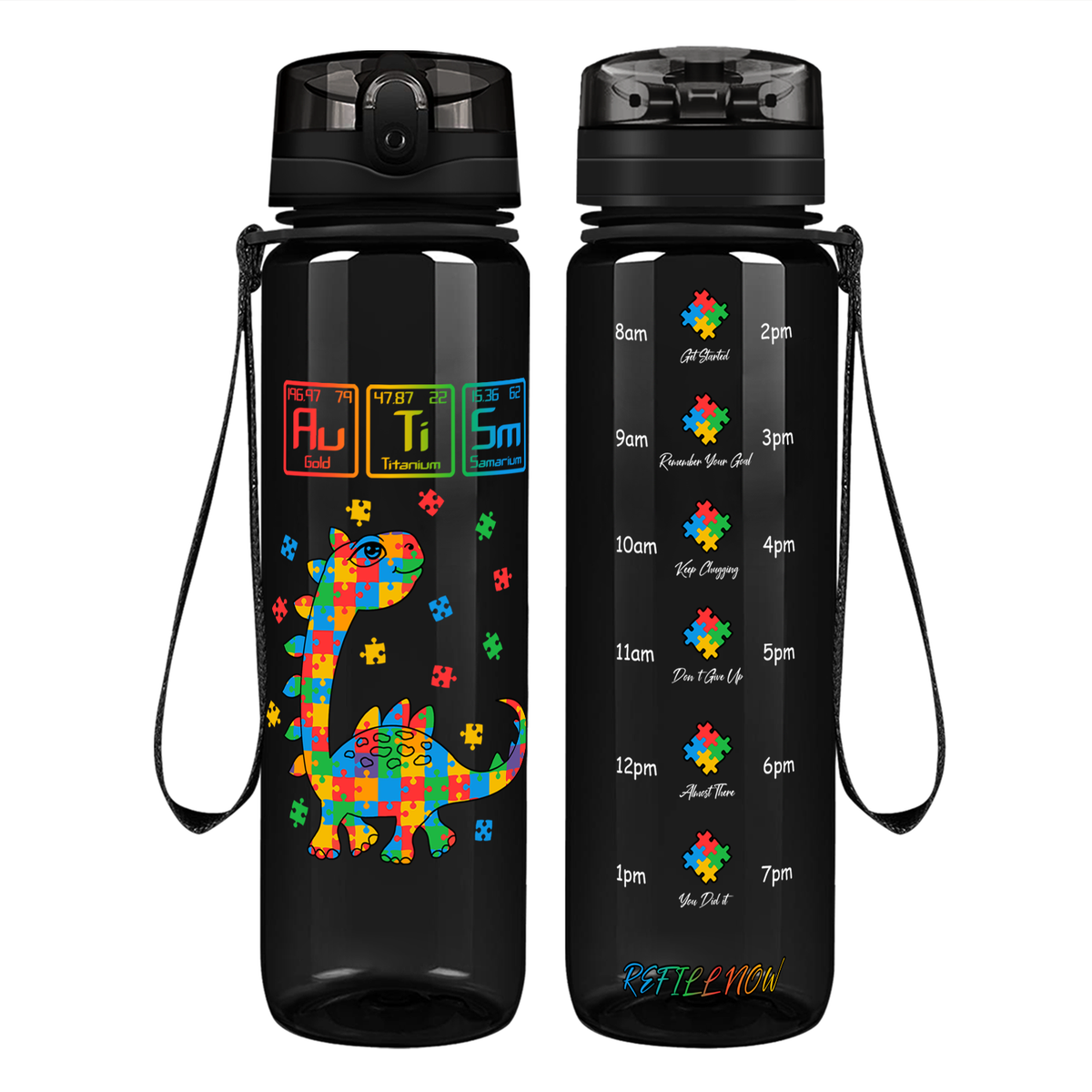 Scientific Autism Dinosaur Puzzle on 32 oz Motivational Tracking Water Bottle
