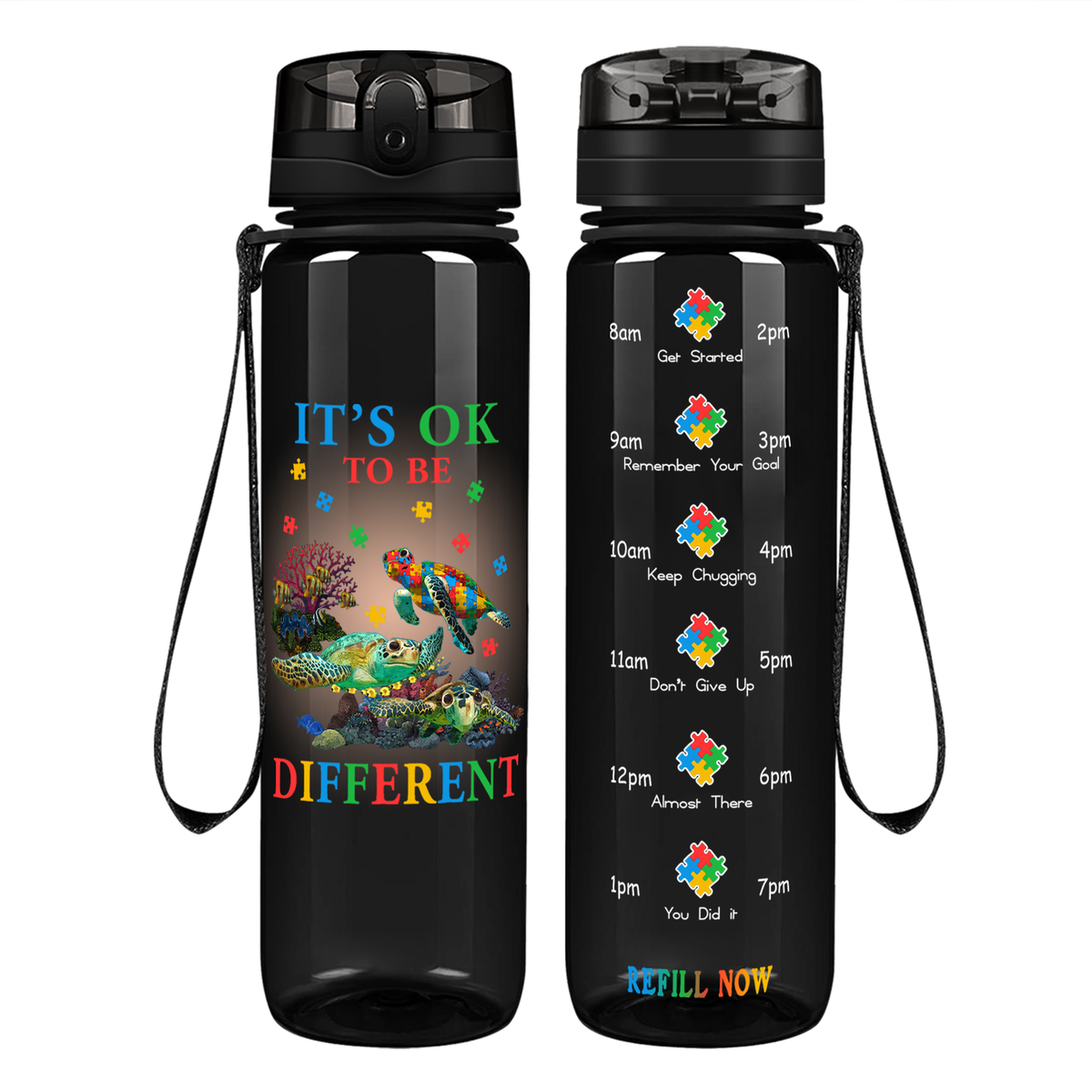 Okay To Be Different Autism Turtle on 32 oz Motivational Tracking Water Bottle