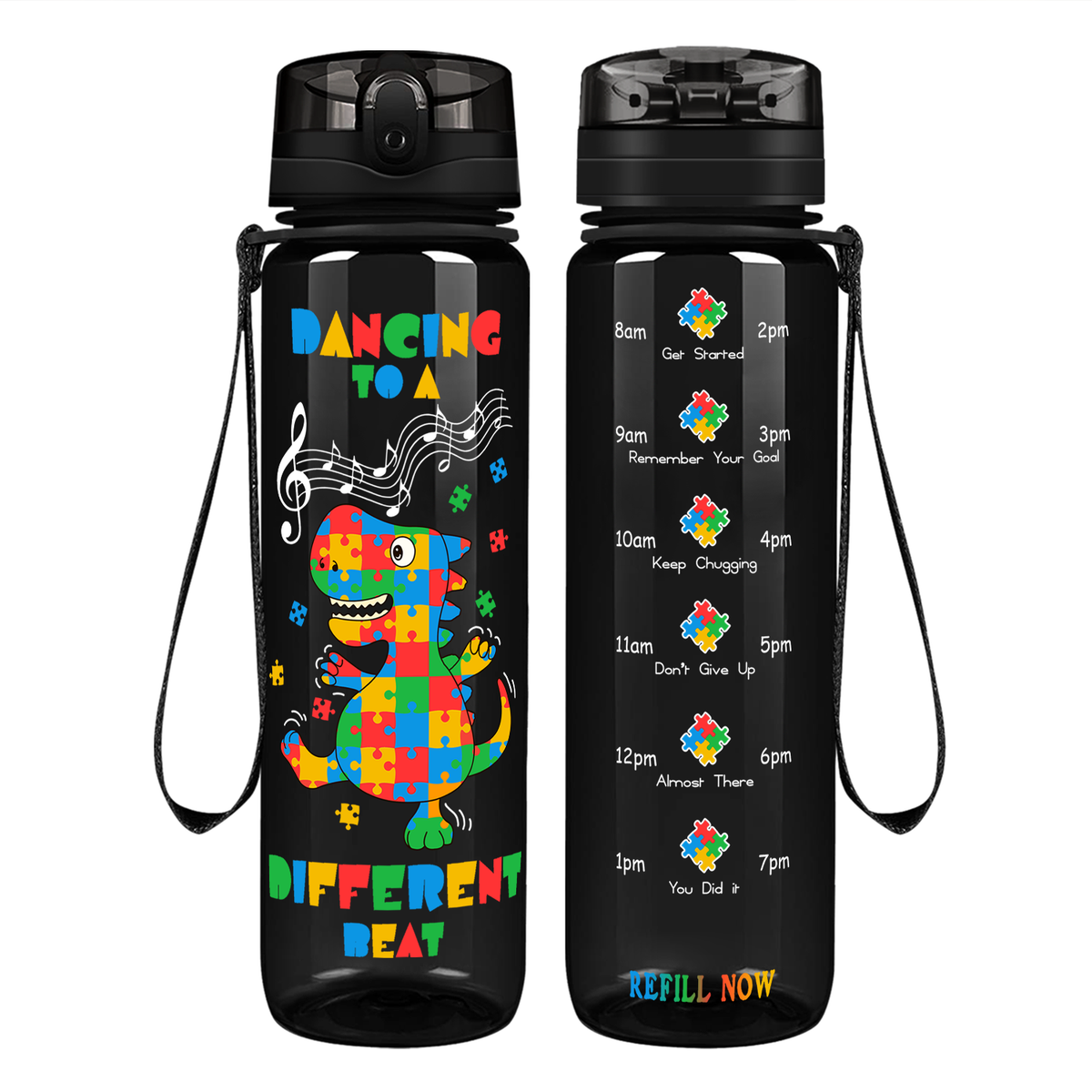 Dancing Dino Different Beat Autism on 32 oz Motivational Tracking Water Bottle