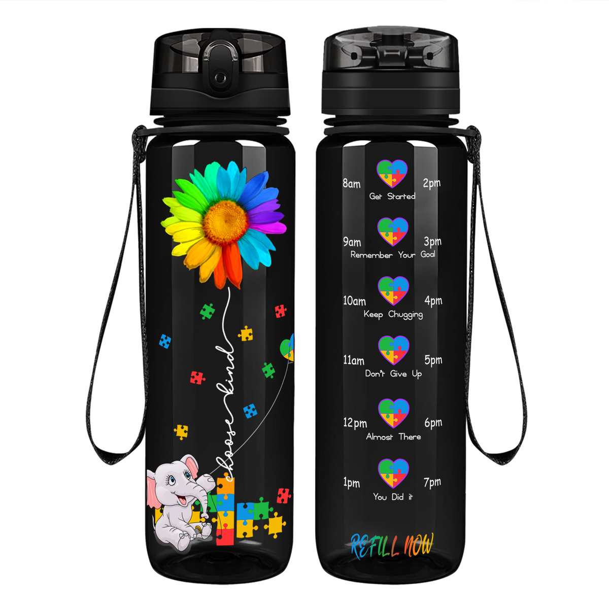 Autism Elephant Kindness Kite on 32 oz Motivational Tracking Water Bottle