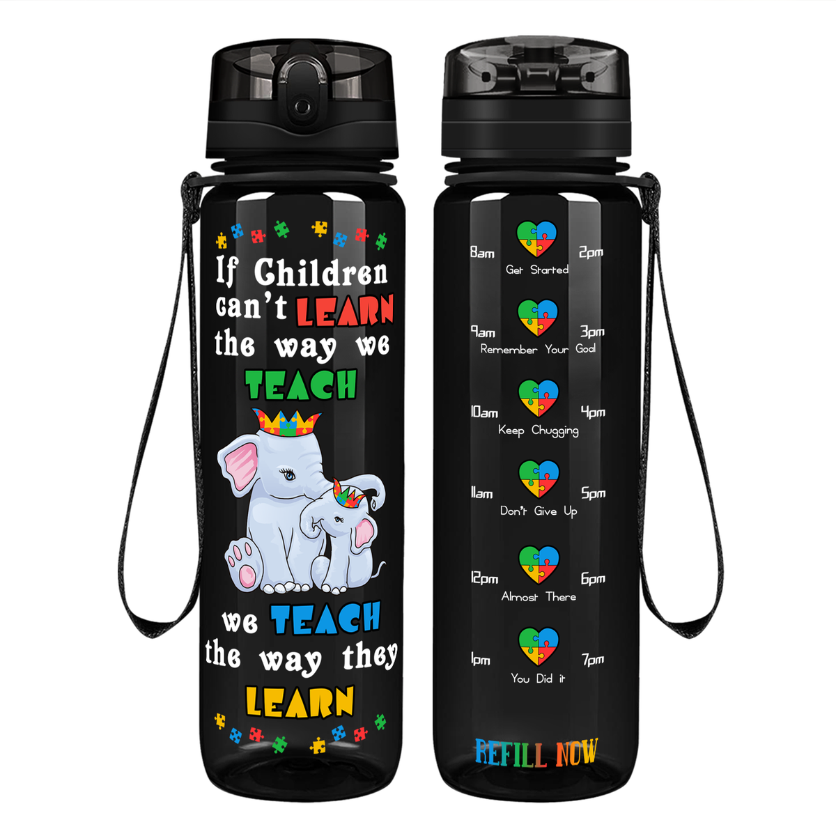 Teach The Way They Learn Elephants on 32 oz Motivational Tracking Autism Water Bottle