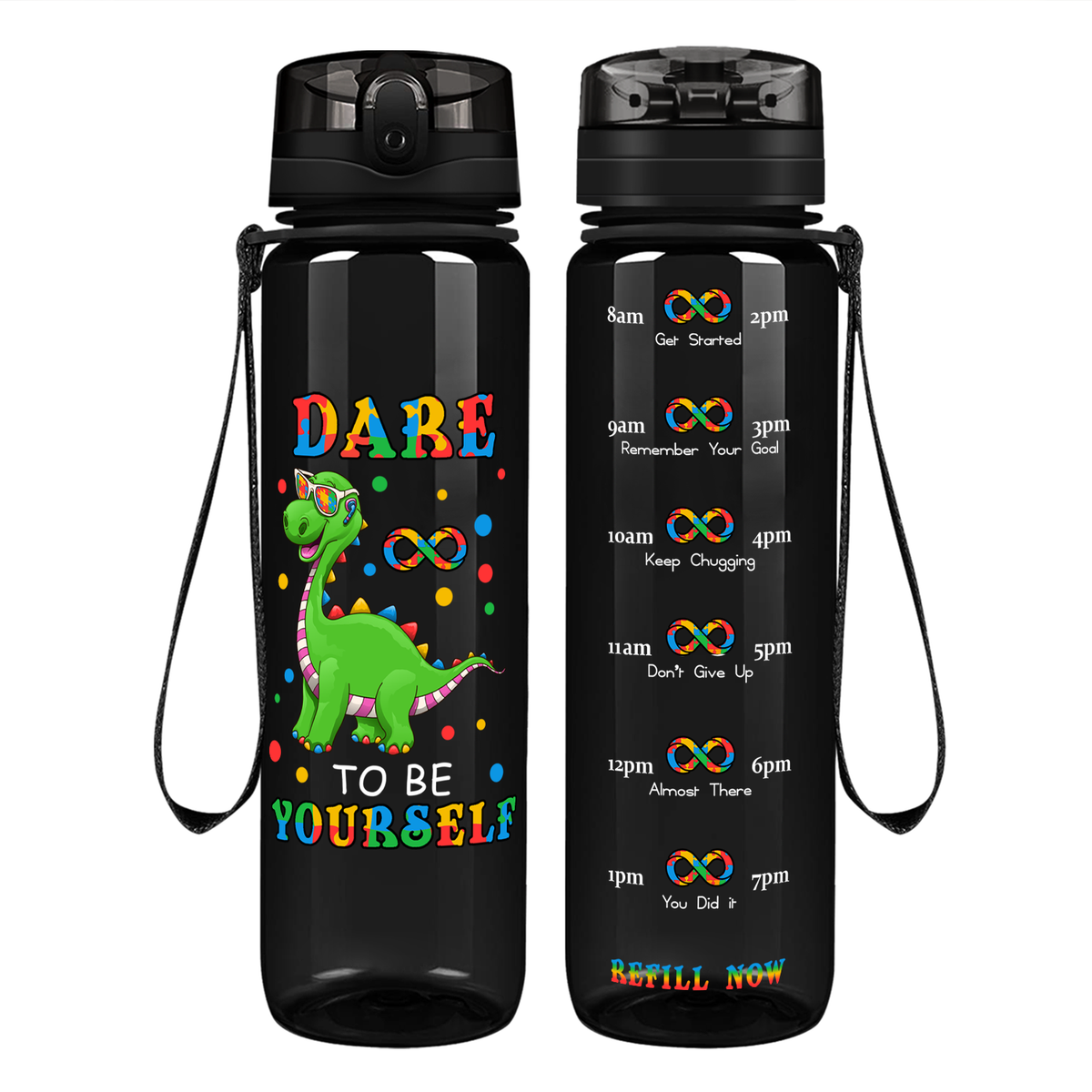 Dinosaur Dare To Be Yourself on 32 oz Motivational Tracking Autism Water Bottle