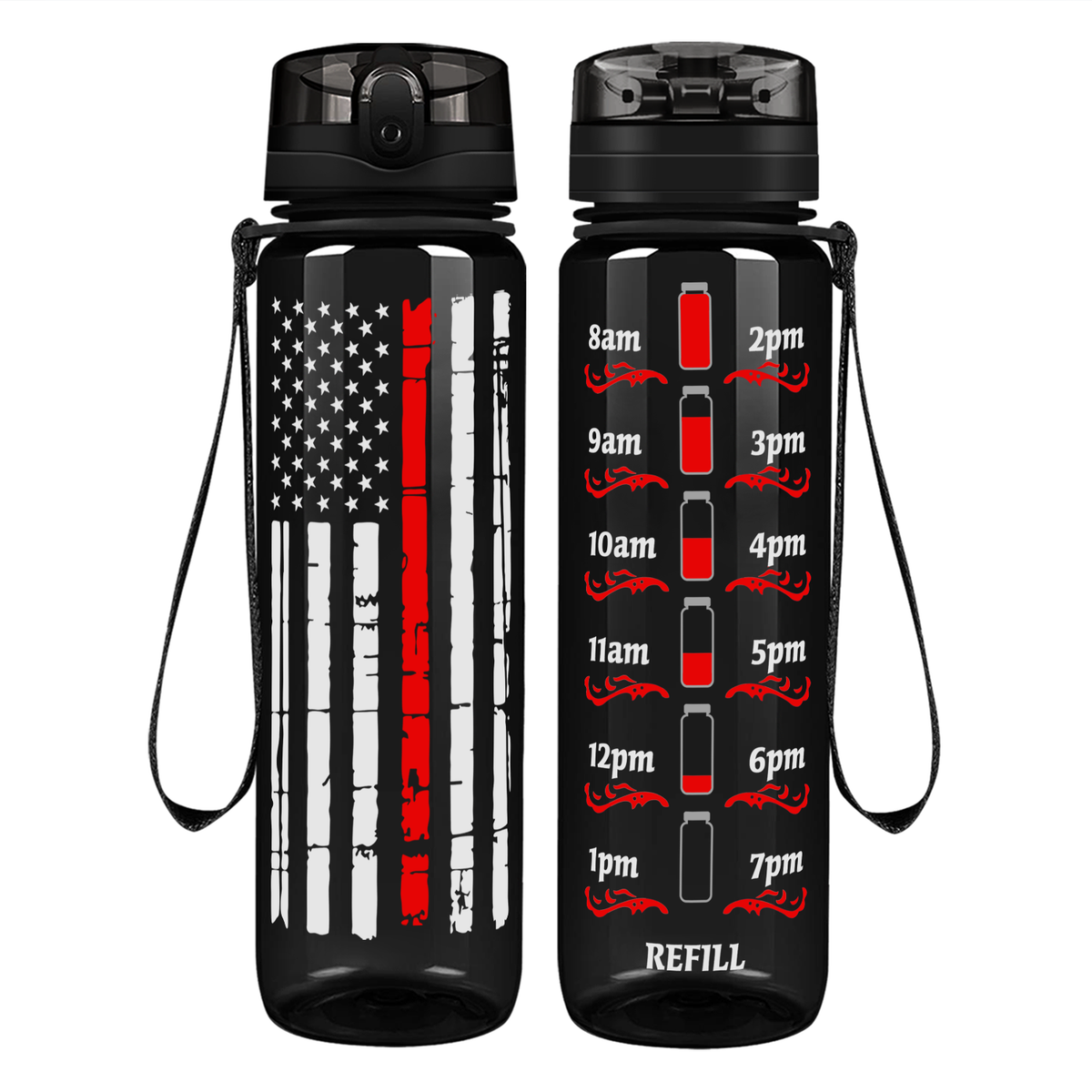 Distressed Thin Red Line Flag on 32 oz Motivational Tracking Water Bottle