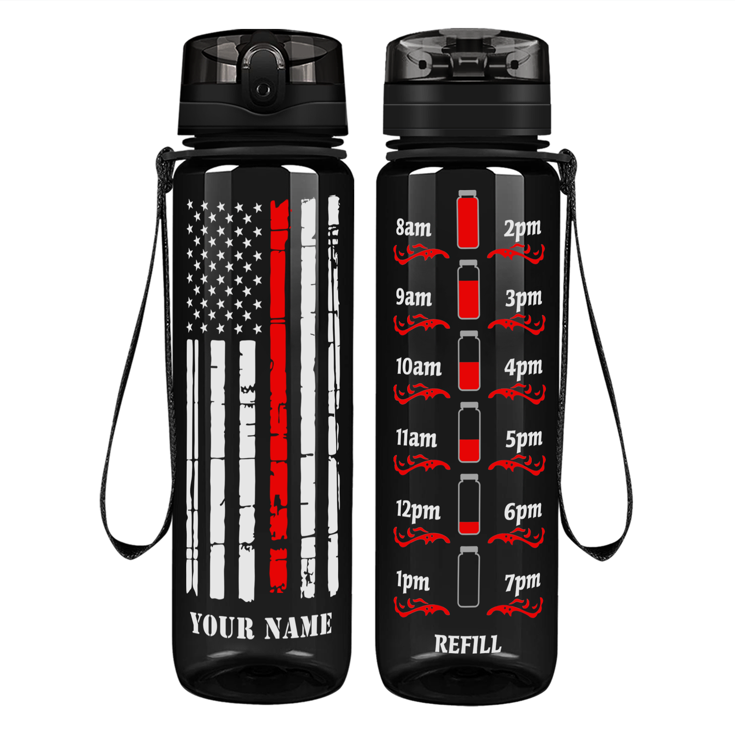 Personalized Distressed Thin Red Line Flag on 32 oz Motivational Tracking Water Bottle