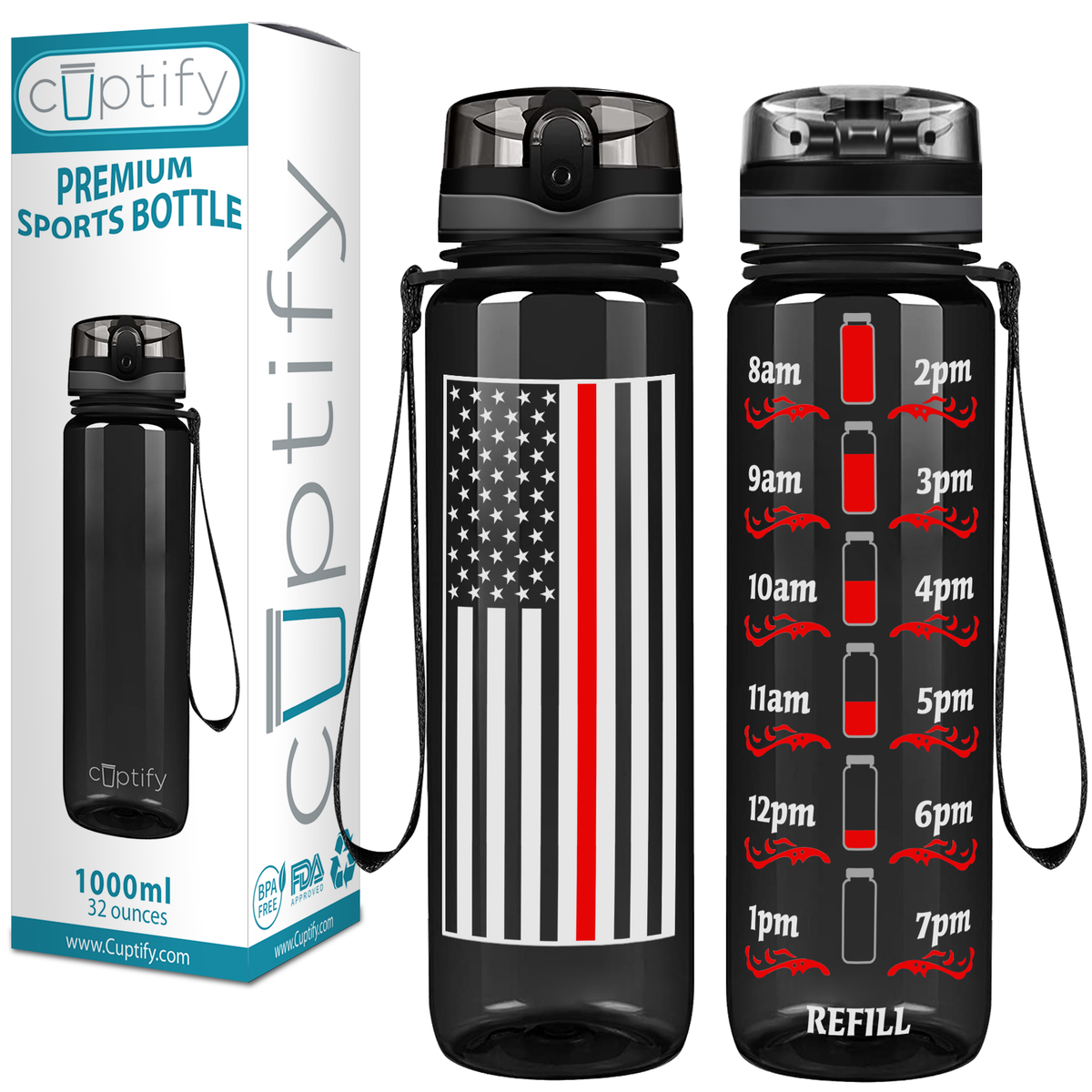 Thin Red Line Flag on Black 32 oz Motivational Tracking Firefighter Water Bottle