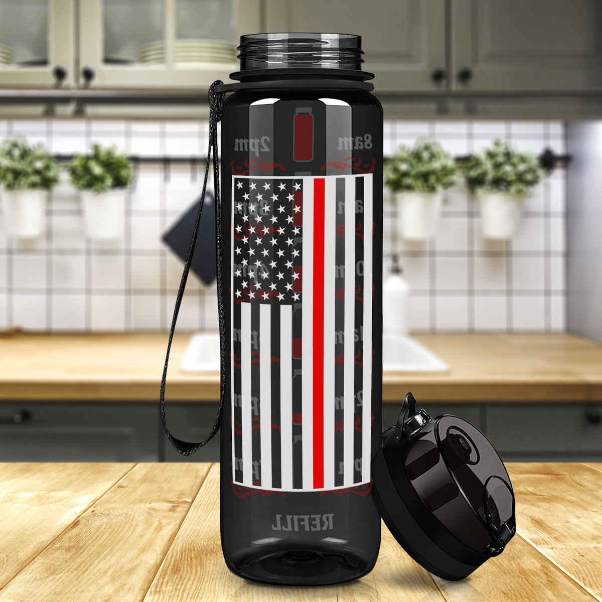 Thin Red Line Flag on Black 32 oz Motivational Tracking Firefighter Water Bottle