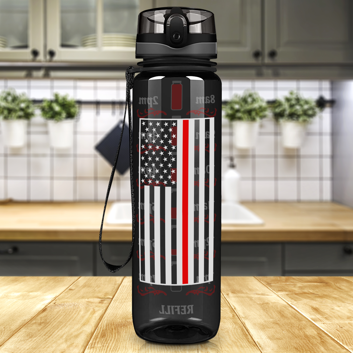 Thin Red Line Flag on Black 32 oz Motivational Tracking Firefighter Water Bottle