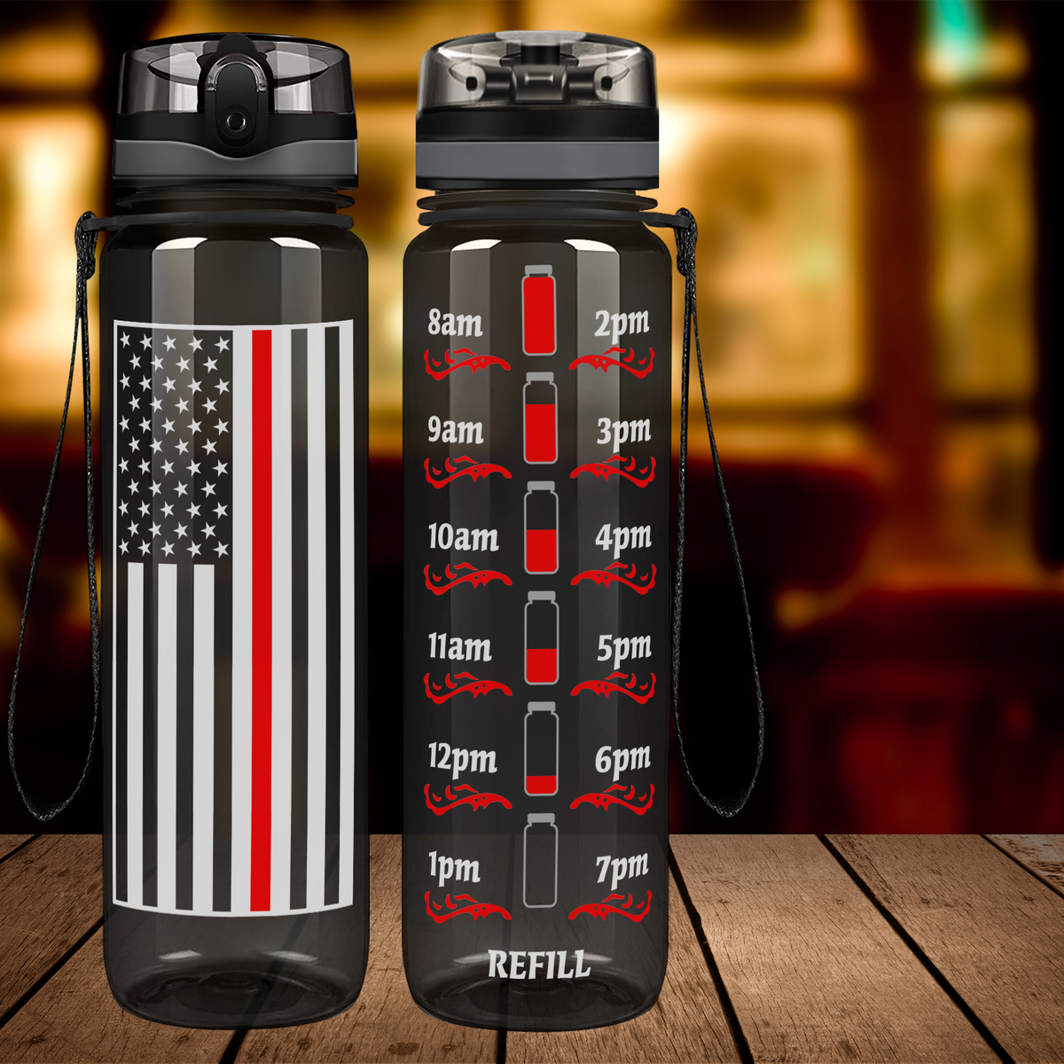 Thin Red Line Flag on Black 32 oz Motivational Tracking Firefighter Water Bottle