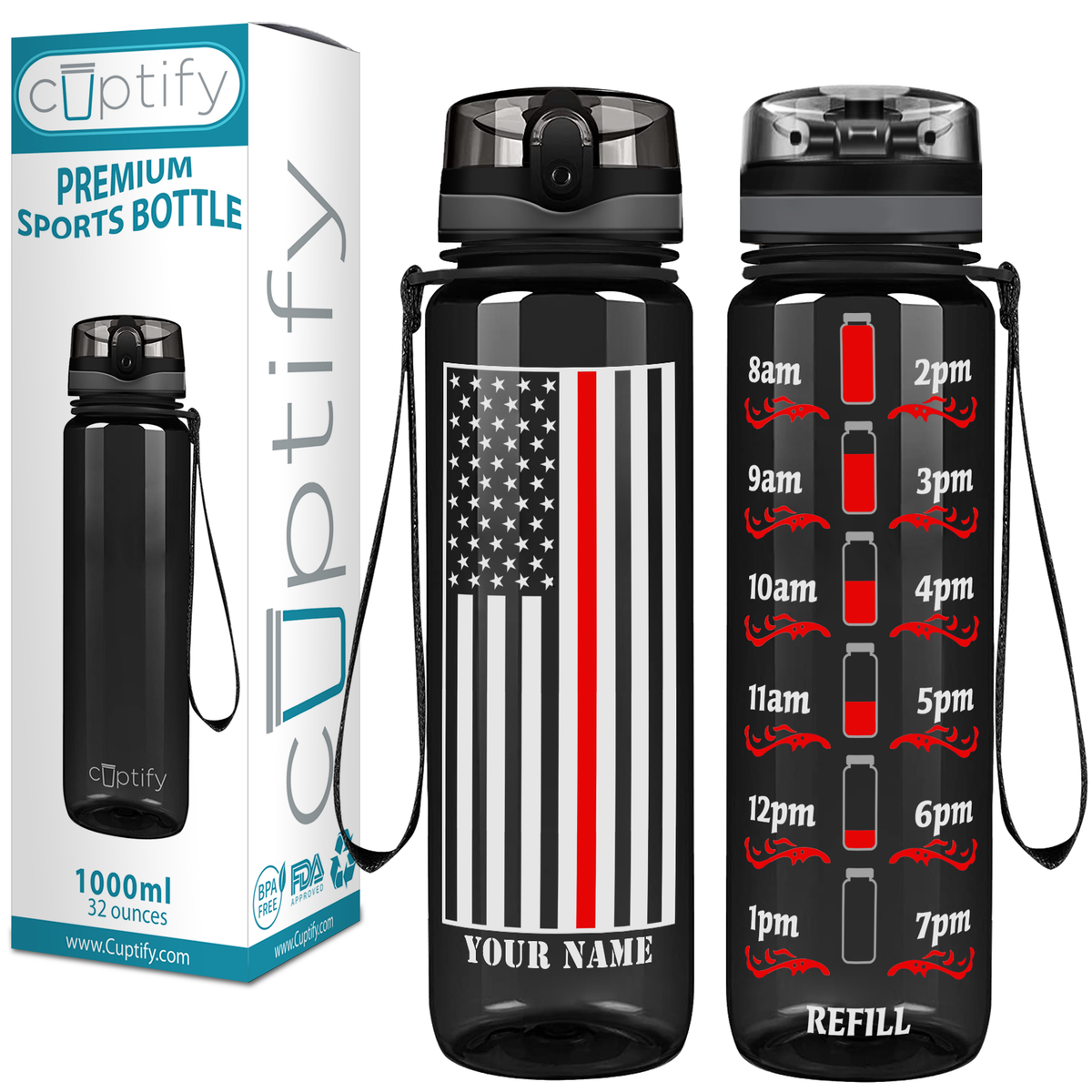 Personalized Thin Red Line Flag on Black 32 oz Motivational Tracking Firefighter Water Bottle