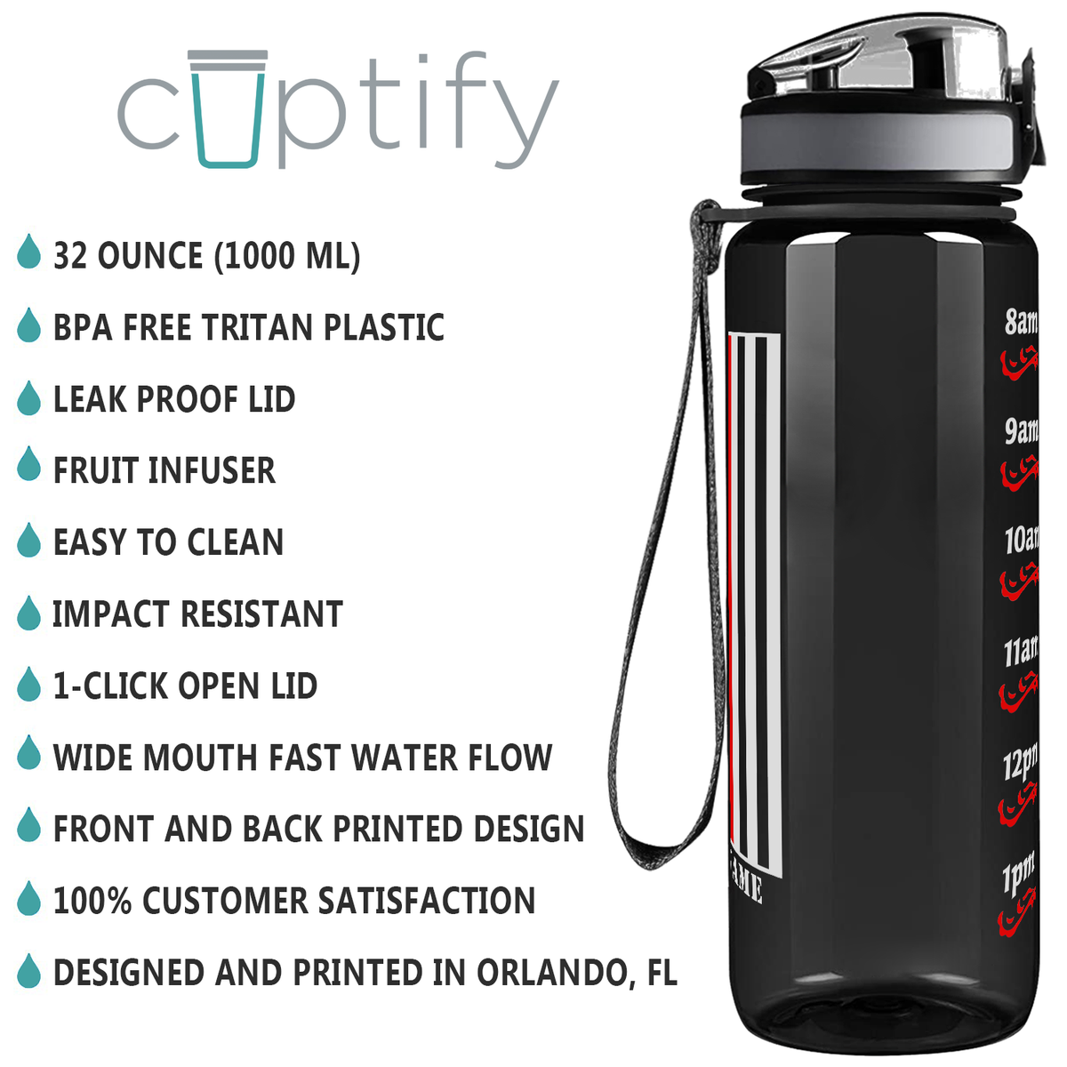 Personalized Thin Red Line Flag on Black 32 oz Motivational Tracking Firefighter Water Bottle