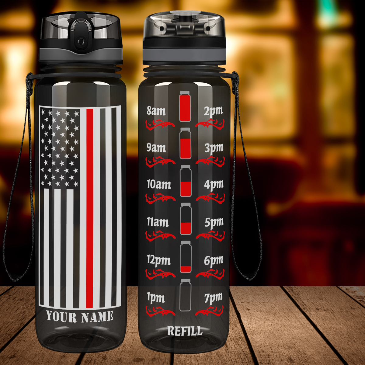 Personalized Thin Red Line Flag on Black 32 oz Motivational Tracking Firefighter Water Bottle