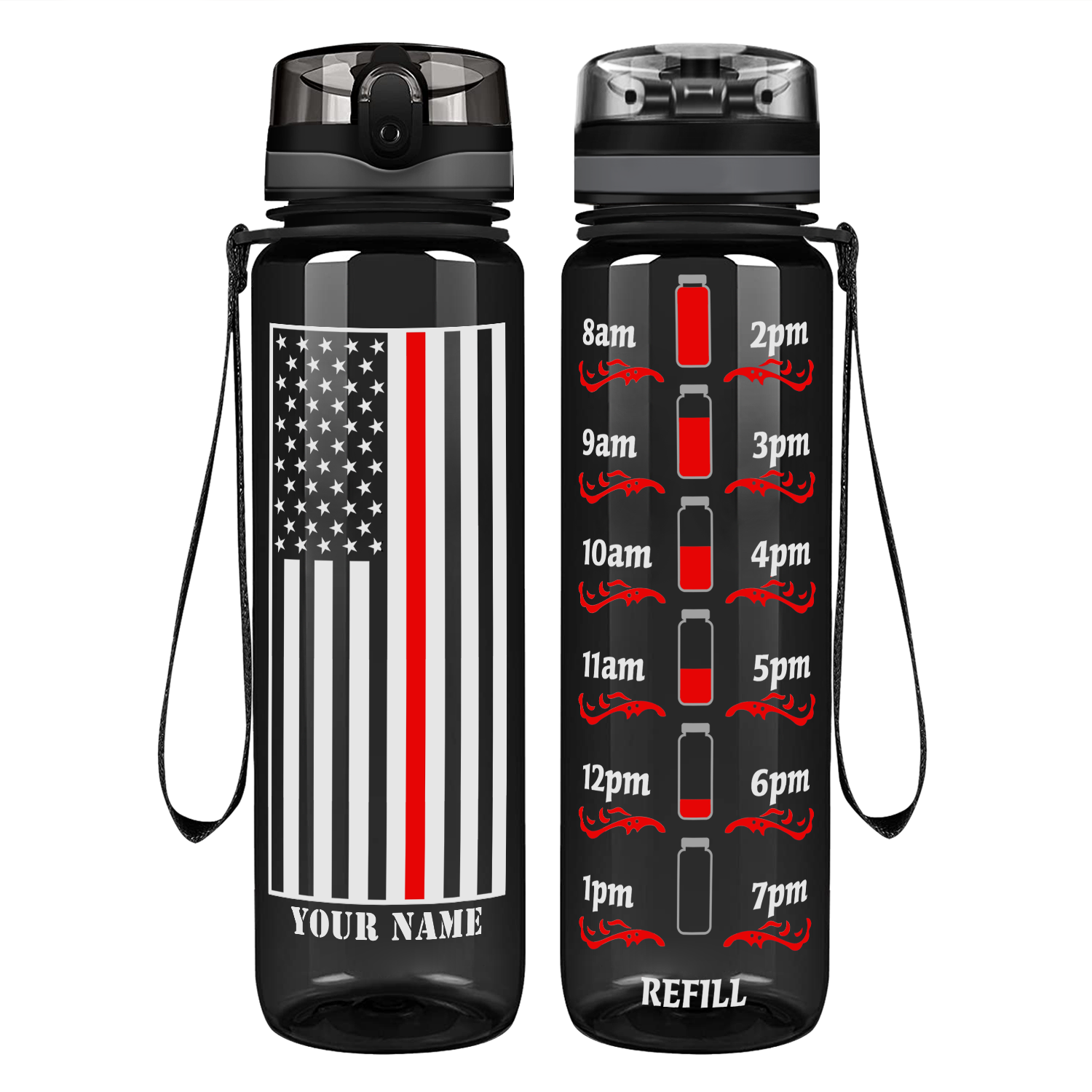 Thin Red Line Flag on Black Firefighter Water Bottle