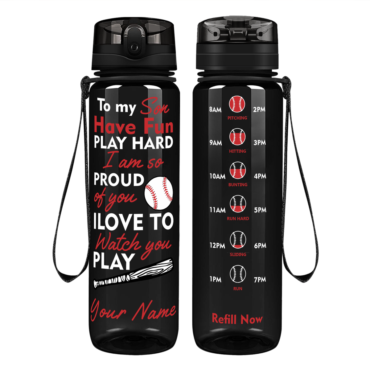 Personalized Play Hard Son Baseball on 32 oz Motivational Tracking Water Bottle
