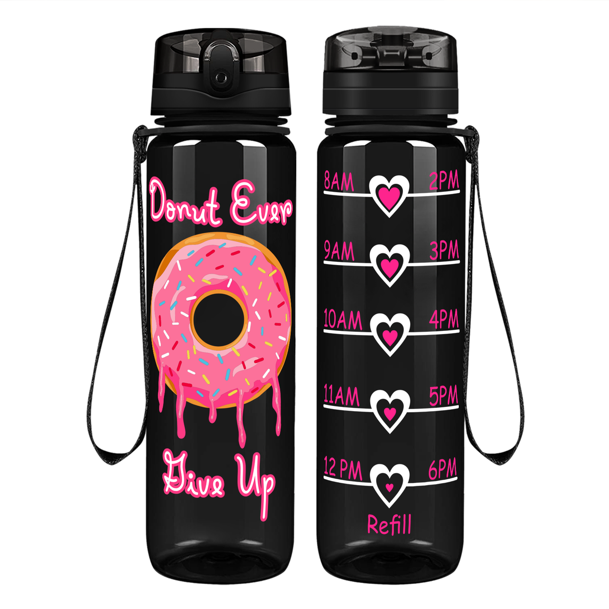 Donut Ever Give Up on 32 oz Motivational Tracking Water Bottle
