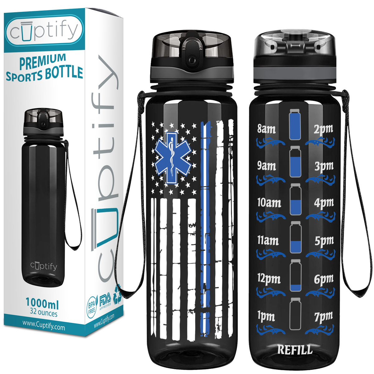 Distressed Paramedic Thin Blue Line Flag on Black 32 oz Motivational Tracking Paramedic Water Bottle