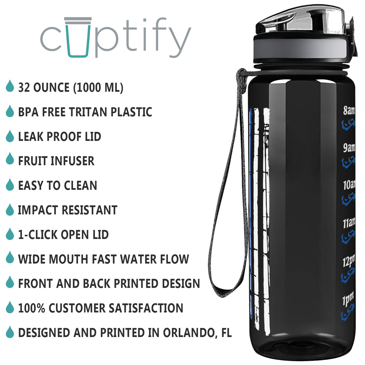 Distressed Paramedic Thin Blue Line Flag on Black 32 oz Motivational Tracking Paramedic Water Bottle