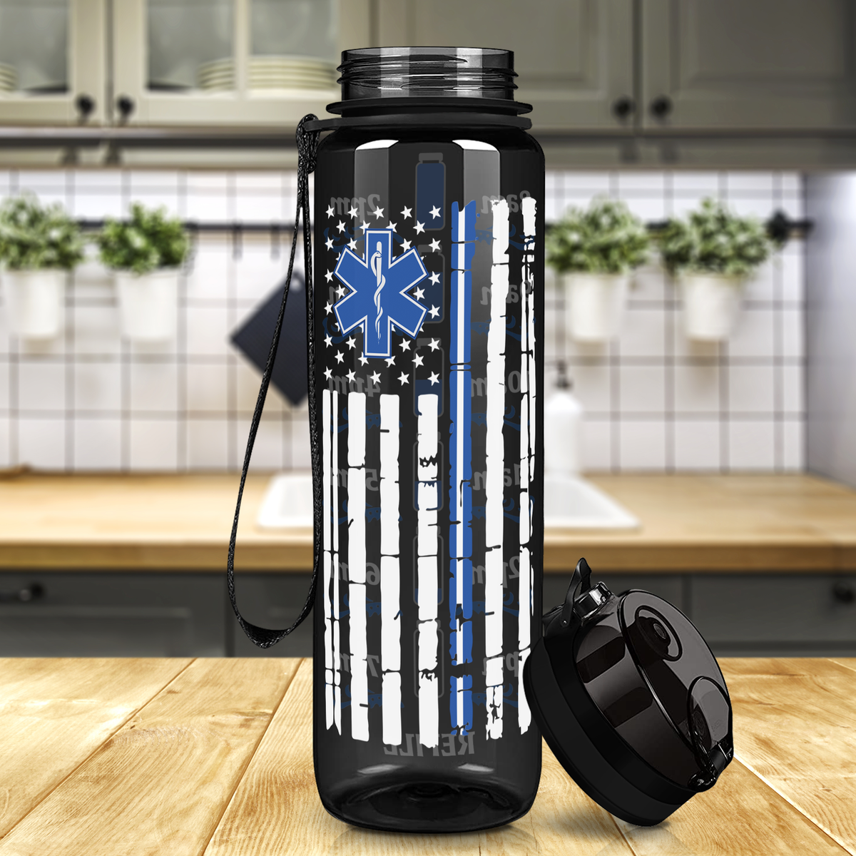 Distressed Paramedic Thin Blue Line Flag on Black 32 oz Motivational Tracking Paramedic Water Bottle