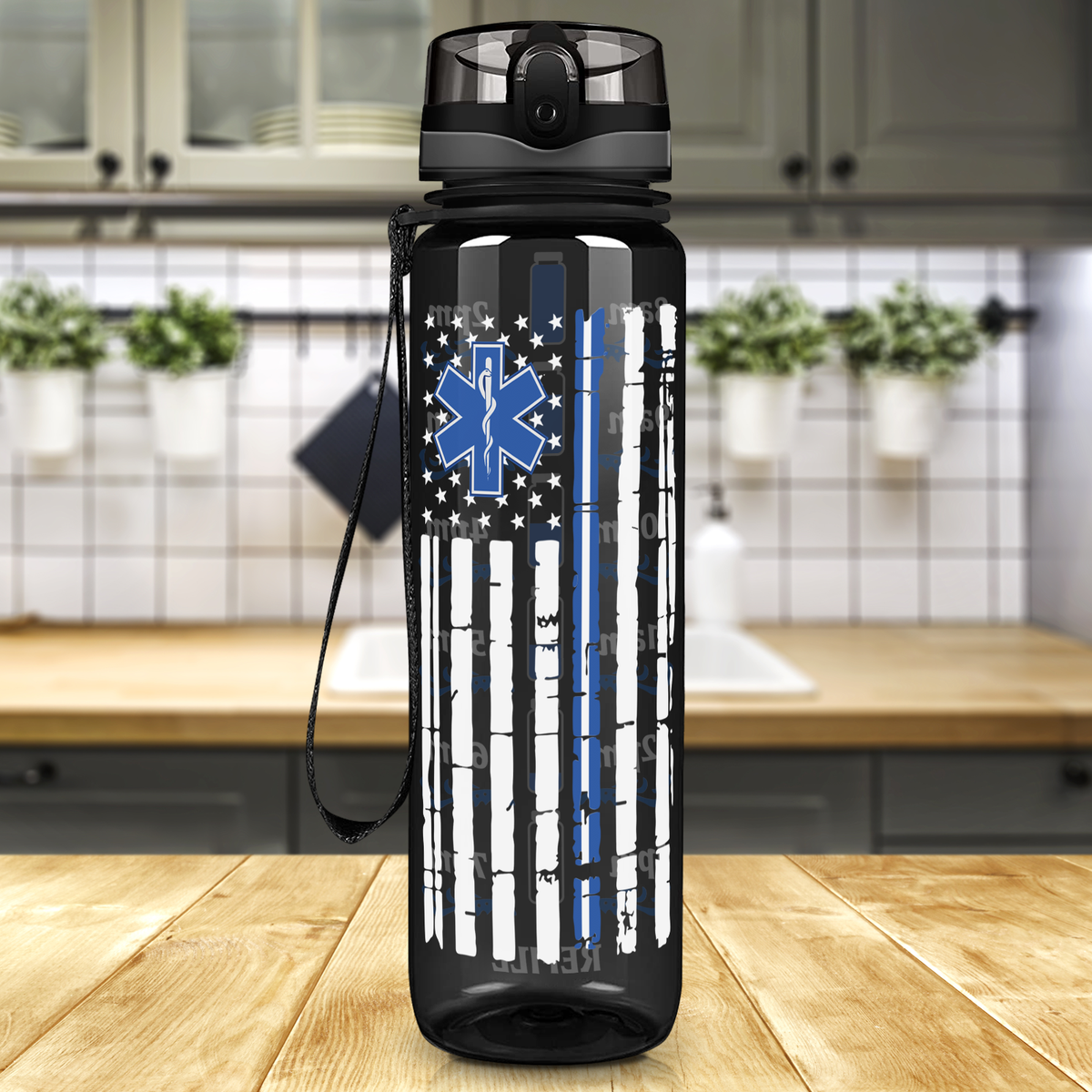 Distressed Paramedic Thin Blue Line Flag on Black 32 oz Motivational Tracking Paramedic Water Bottle