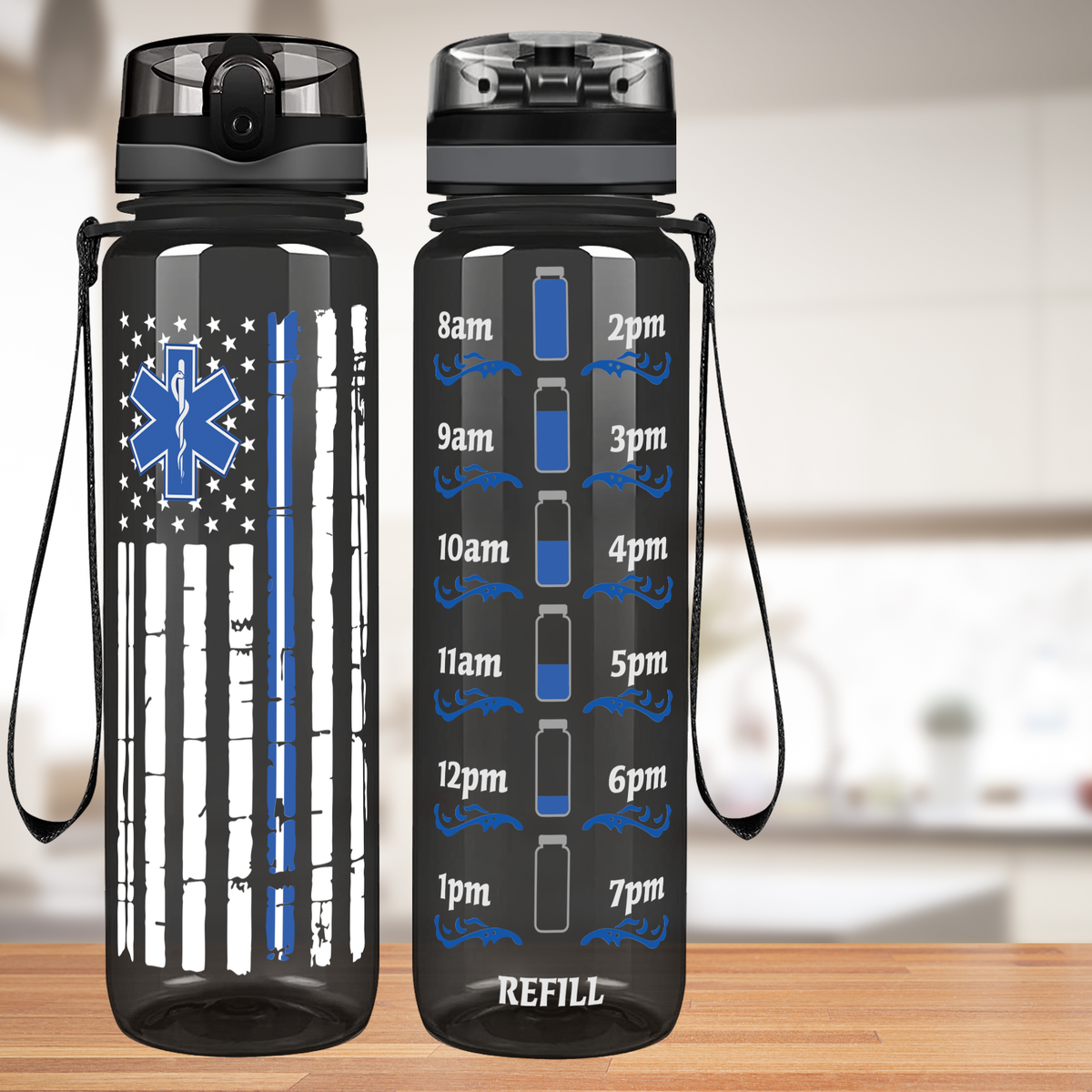 Distressed Paramedic Thin Blue Line Flag on Black 32 oz Motivational Tracking Paramedic Water Bottle